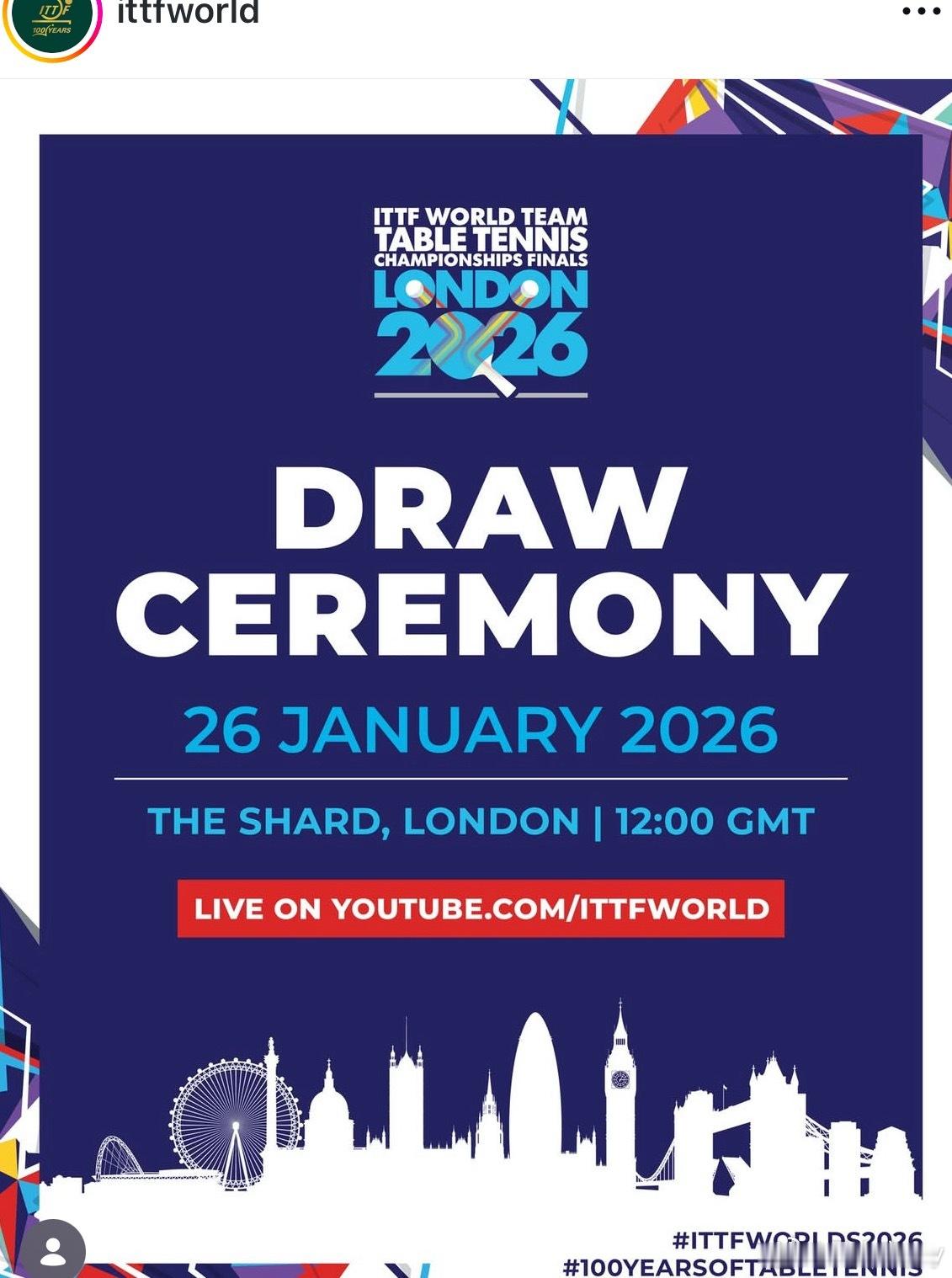 2026伦敦世界乒乓球团体锦标赛抽签仪式将于1月26日20:00举行 （下周一）