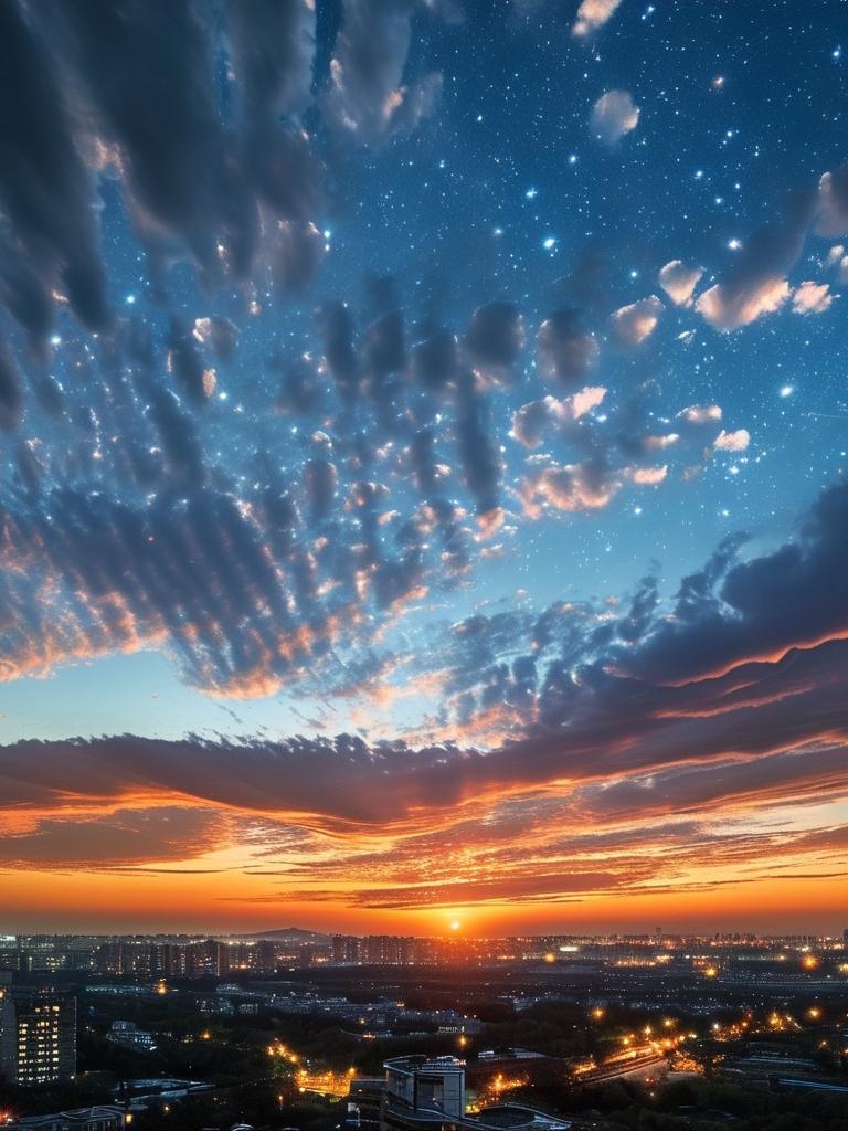 早晨的云蓬松柔软，像刚出炉的棉花糖，让人忍不住想伸手抓一把；
傍晚的晚霞层层叠叠