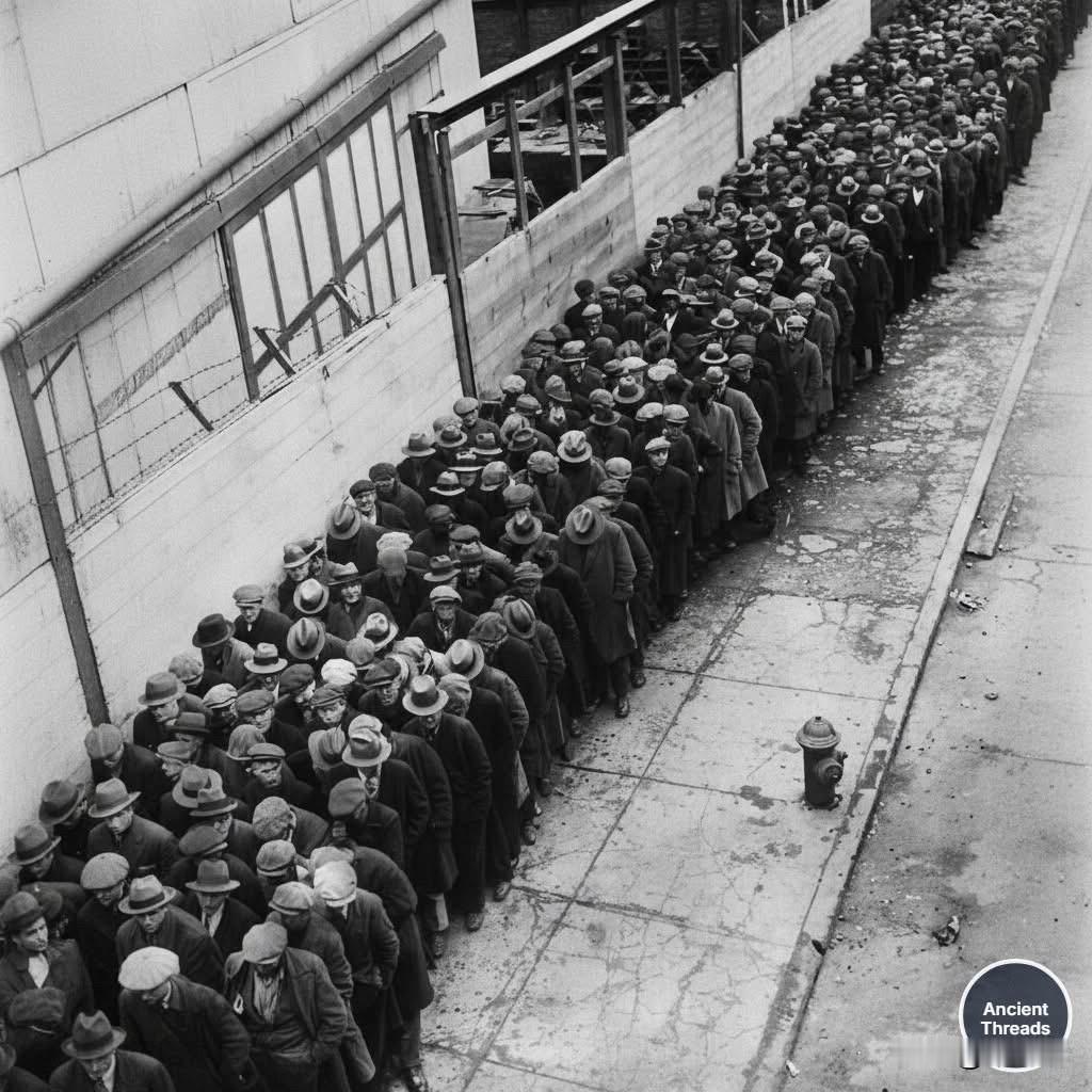 在20世纪30年代的大萧条时期，失业的男人们在办公室和工厂外排起长队，希望能找到