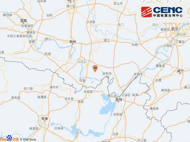 地震快讯中国地震台网正式测定：05月02日13时13分在湖北荆州市监利市（北纬2