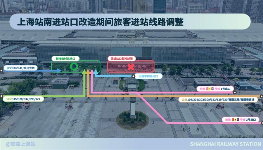 【上海站南进站口升级改造工程，明天全面启动】随着施工围挡安装完毕和临时进站口启用