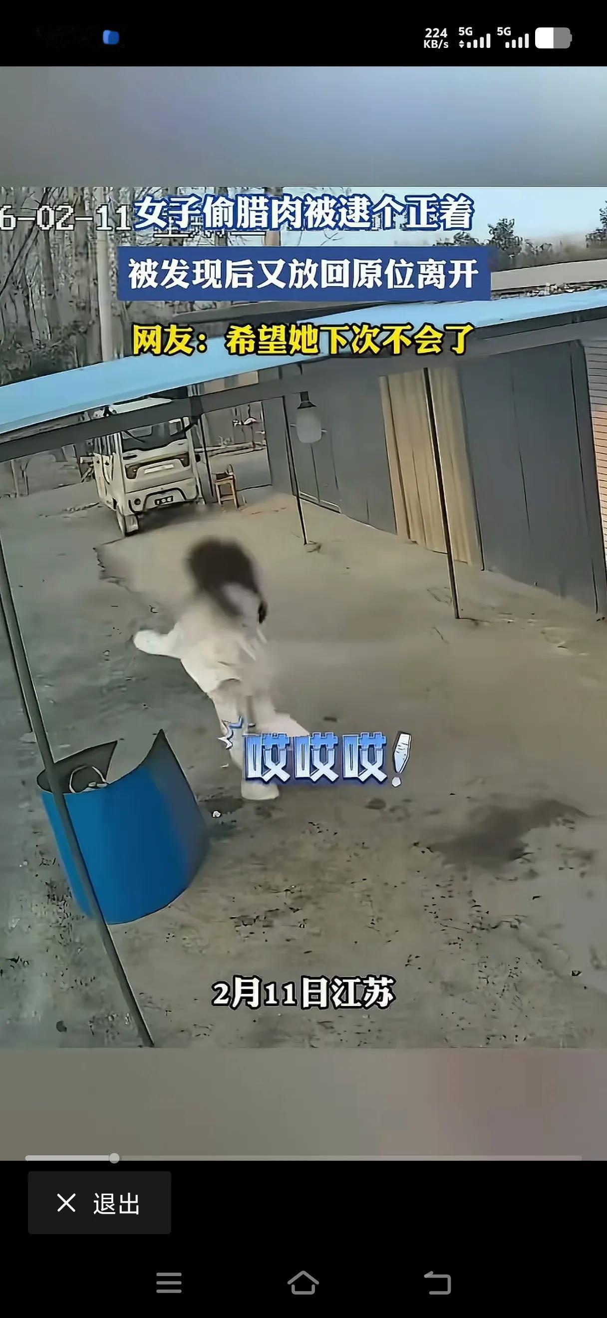 一个年轻的姑娘在路边逛，看路旁边晒了一排的腊肉，顺手就偷了一块。正好主人回来了，