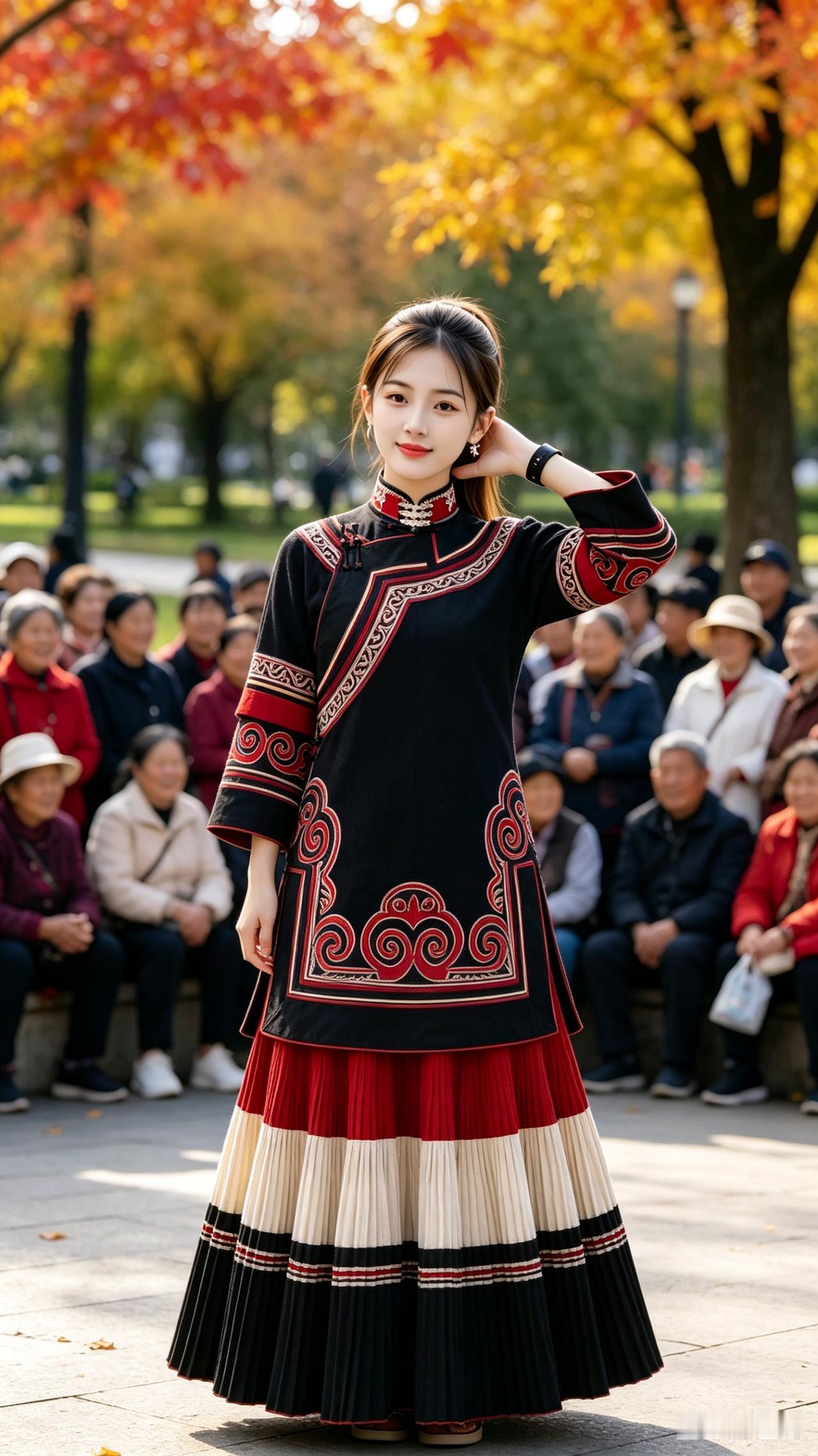 秋日公园树叶黄，
姑娘换上彝家装。
路人全都围过来，
绝美模样众人赏。