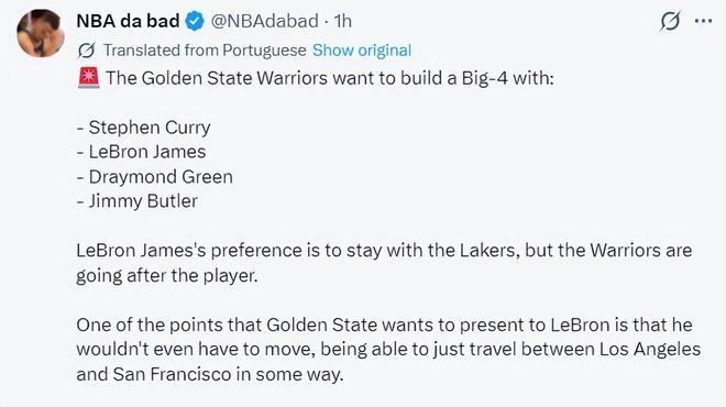 NBA记者杰克-费舍尔报道，勇士队依旧致力于积极的追求勒布朗-詹姆斯，并组建詹姆