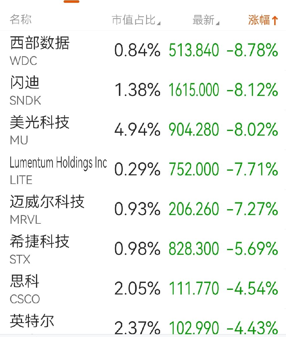 夜盘美股芯片半导体绿油油的一片，SK海力士跌超9%，闪迪、西部数据跌超8%，美光