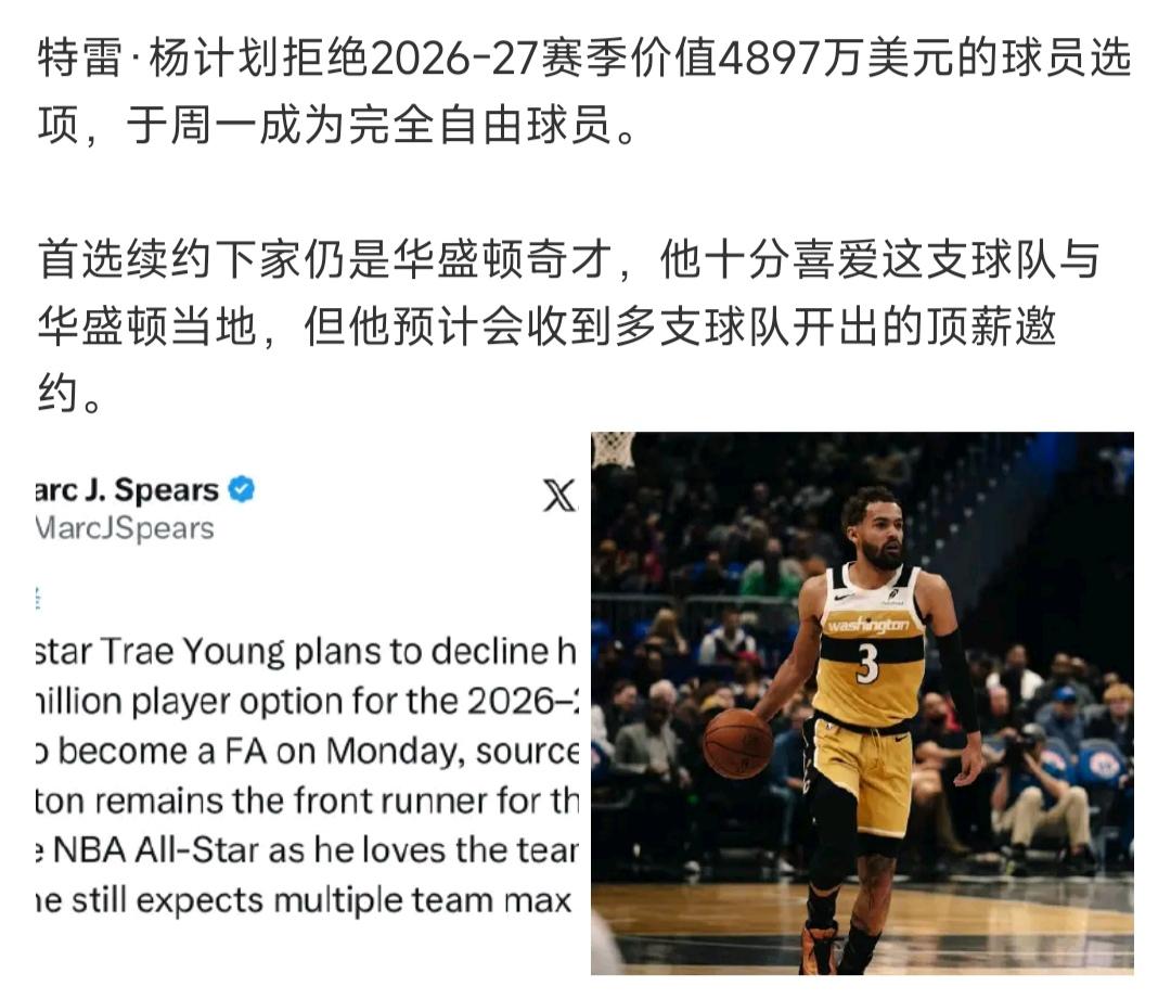 特雷杨就是自信啊，4800万年薪都不要，非要去自由市场试水。。

他才在奇才打5