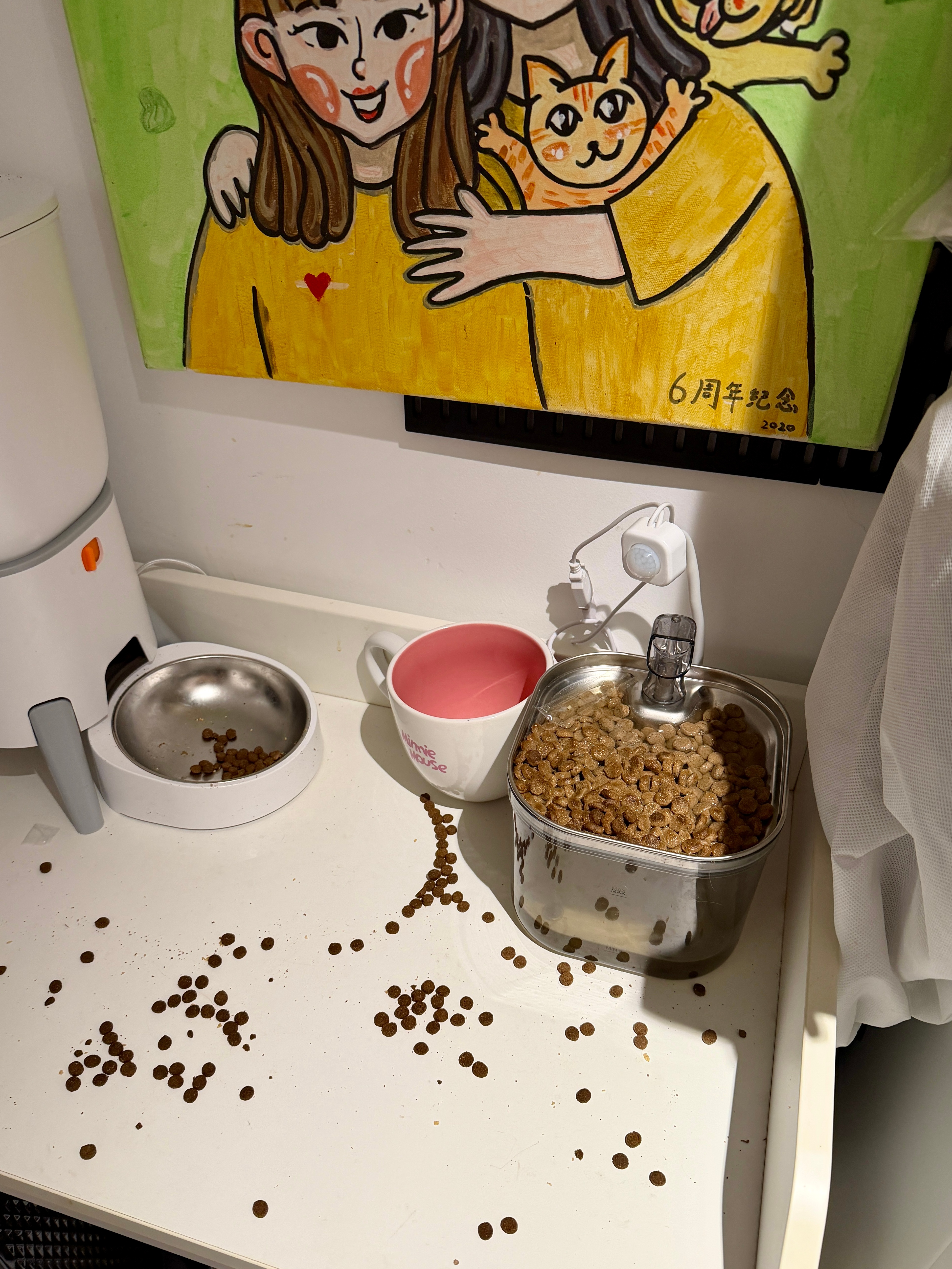 晚上听见孩子在自动喂食器那倒腾，我赶过去，看到一个旧的犯罪现场，不知道放进去多久