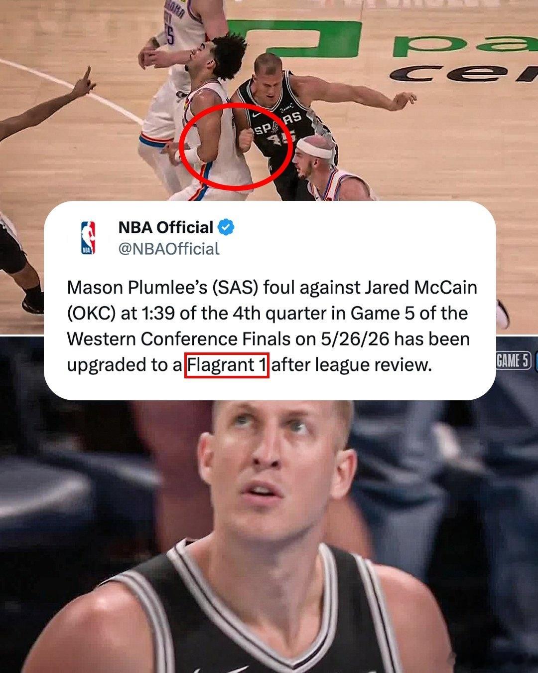 经过进一步审查，NBA 将普拉姆利在第五场比赛中对麦凯恩的犯规升级为一级恶意犯规