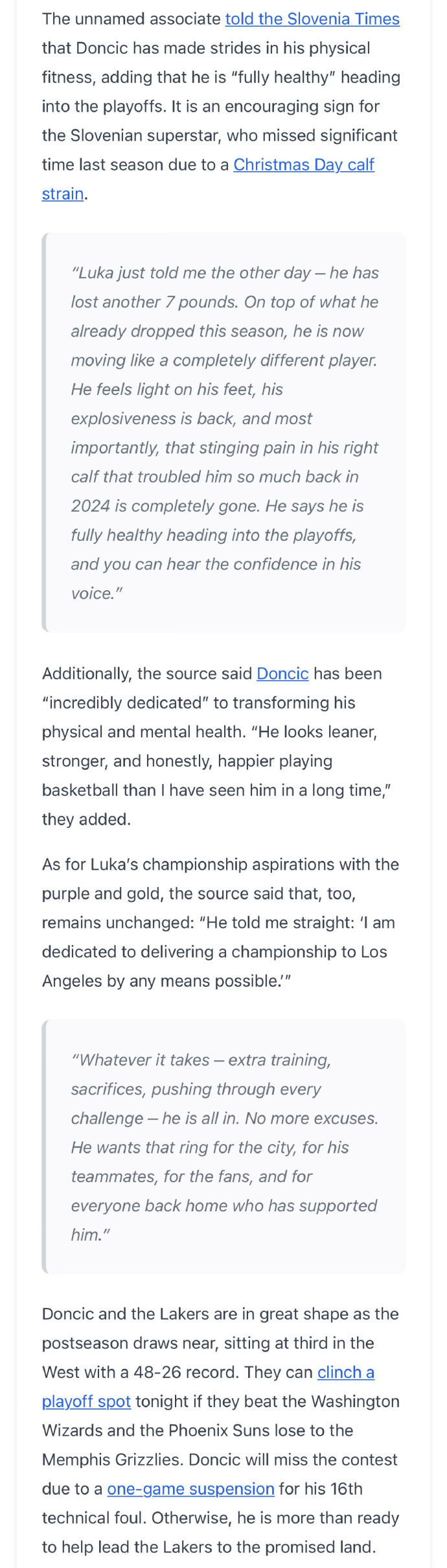 要哭了一位东契奇密友透露卢卡又瘦了7磅，身体状况100%健康，并且卢卡会不惜一切