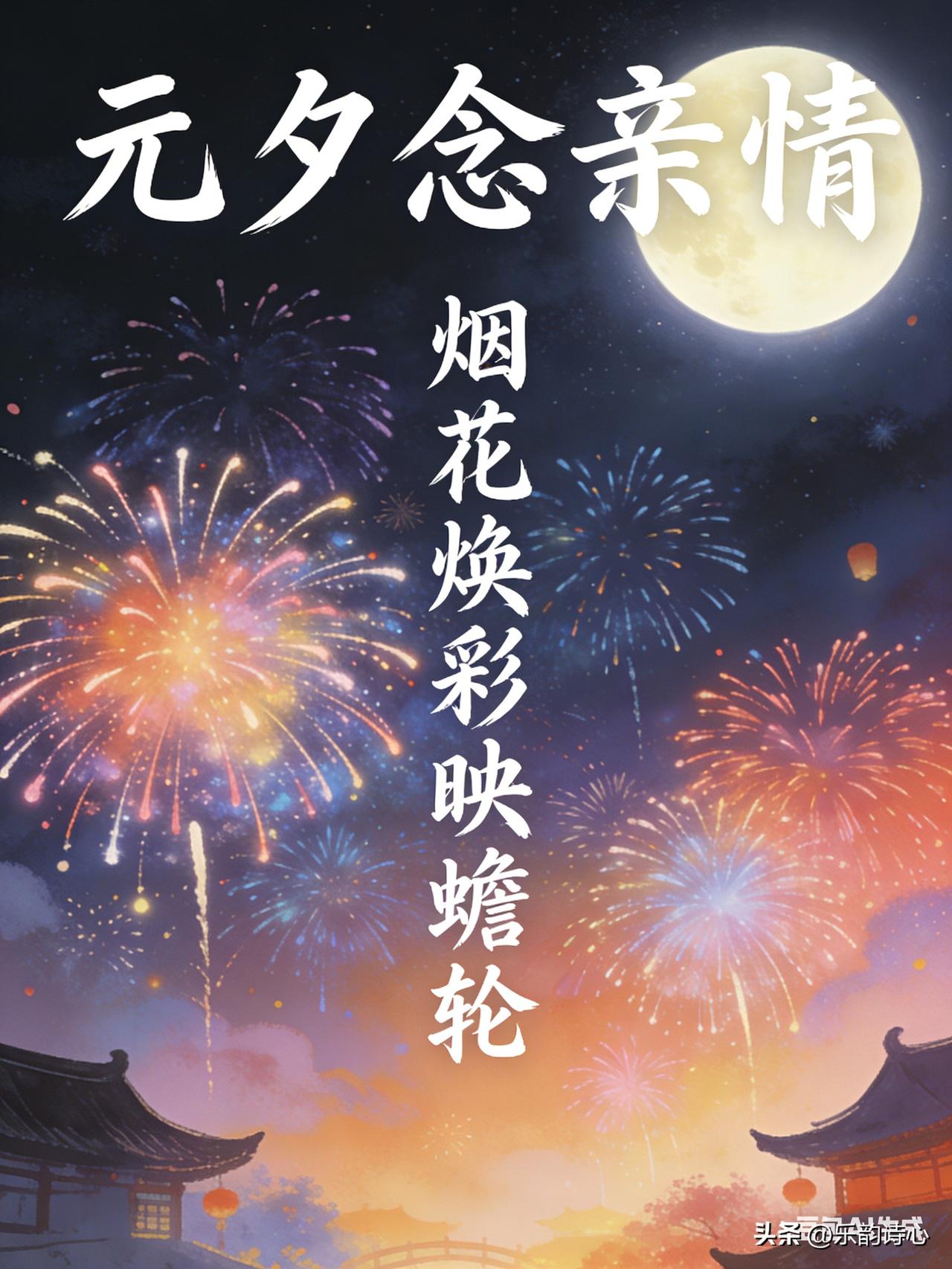 《元夕念亲情》乐韵诗心原创诗词:
烟花焕彩映蟾轮，
结彩张灯笑语频。
佳节遥思亲