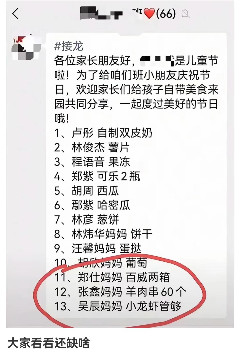 大家看看这个六一儿童节-小朋友庆祝节日，家长们带来的美食中还缺些啥？