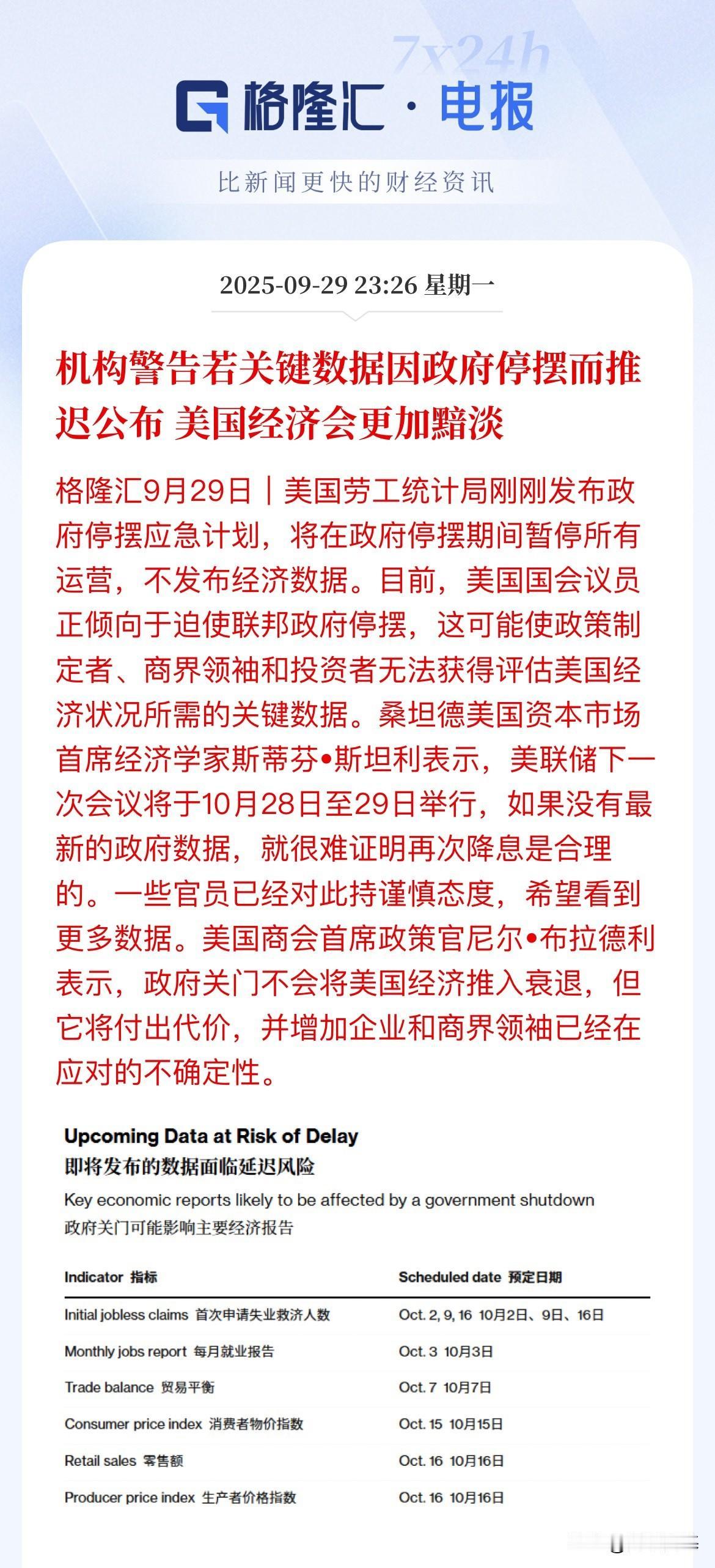 美国关键数据因政府停摆而延迟发布，谈判还没有最新消息，关键数据的延迟发布，势必让