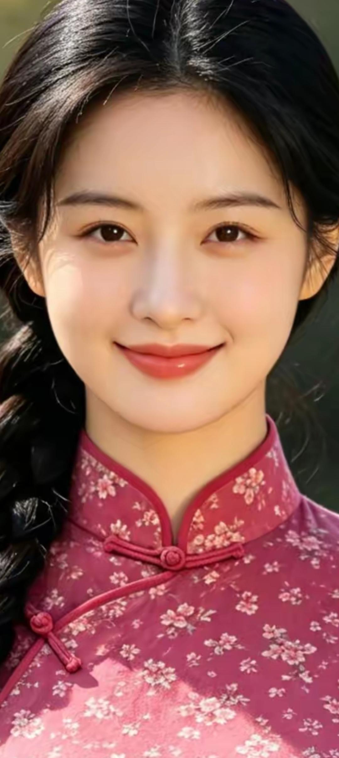 温柔甜美的少女，穿着粉色花旗袍，笑靥如花。
