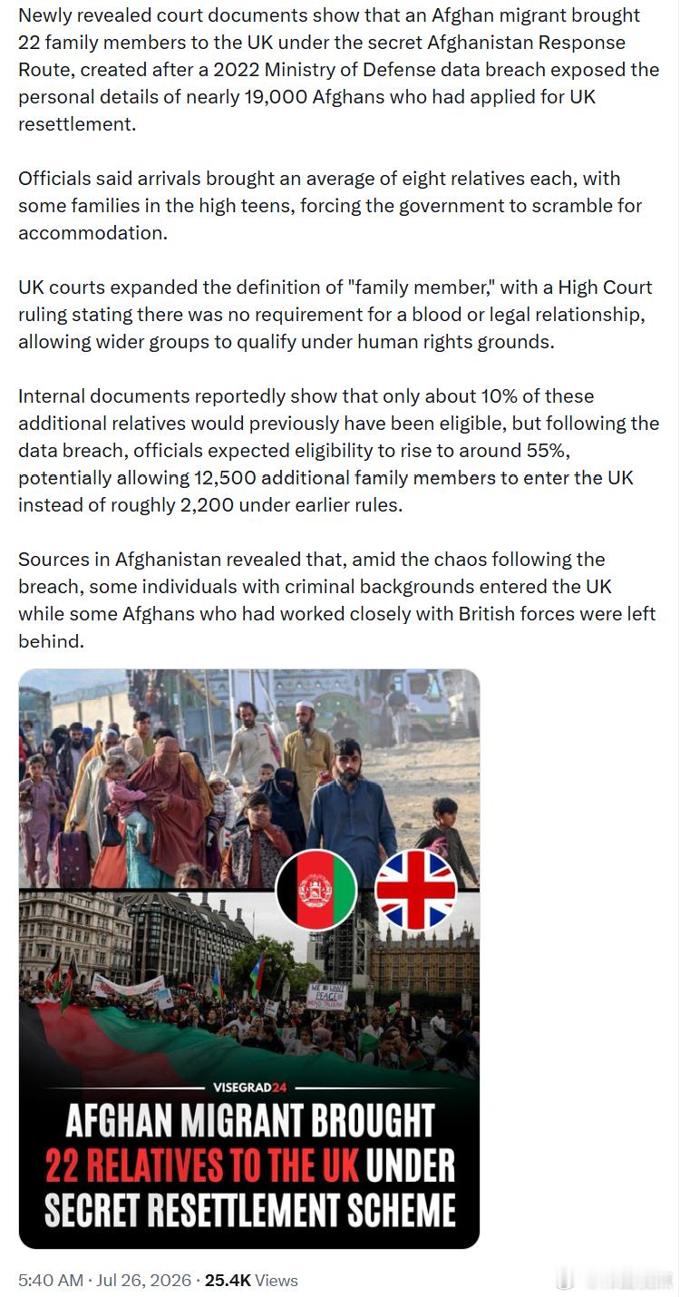 最新披露的法庭文件显示，一名阿富汗移民通过英国政府秘密设立的“阿富汗应对通道”，