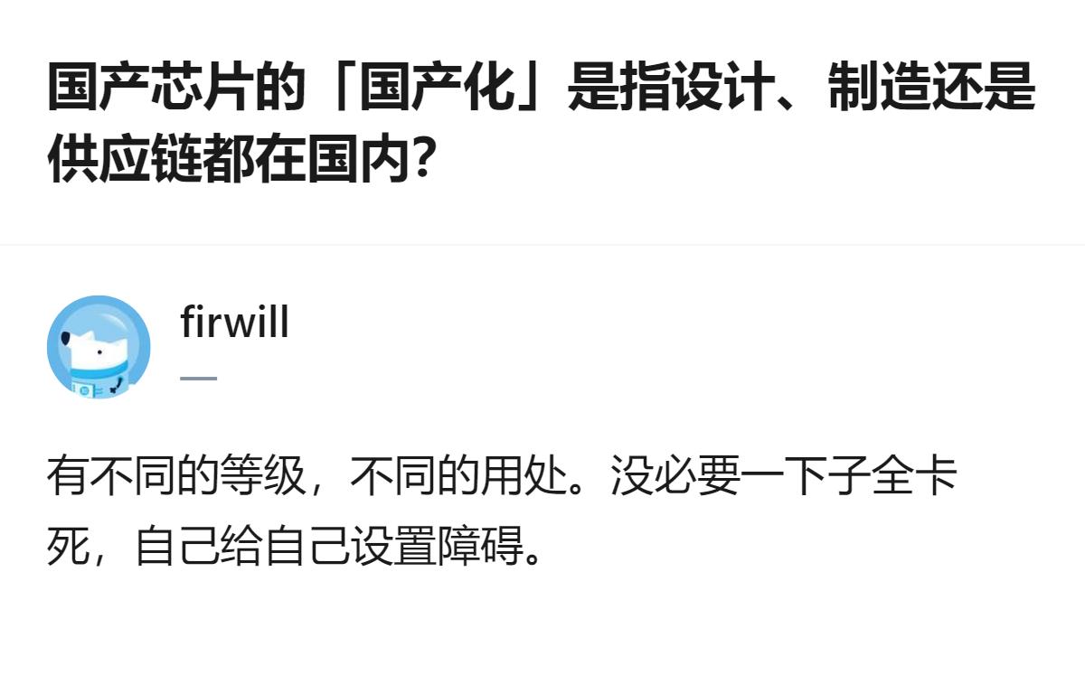 针对国产芯片国产化的界定，回答提到存在不同等级与用处，不必要求全环节都在国内，避