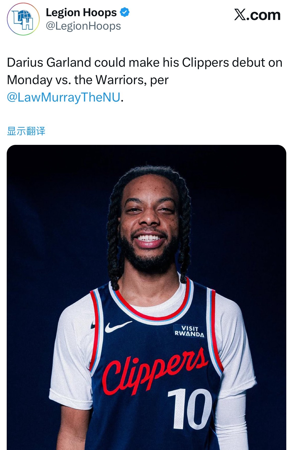 加兰可能会在周二对阵勇士的比赛中完成他在快船的首秀。 