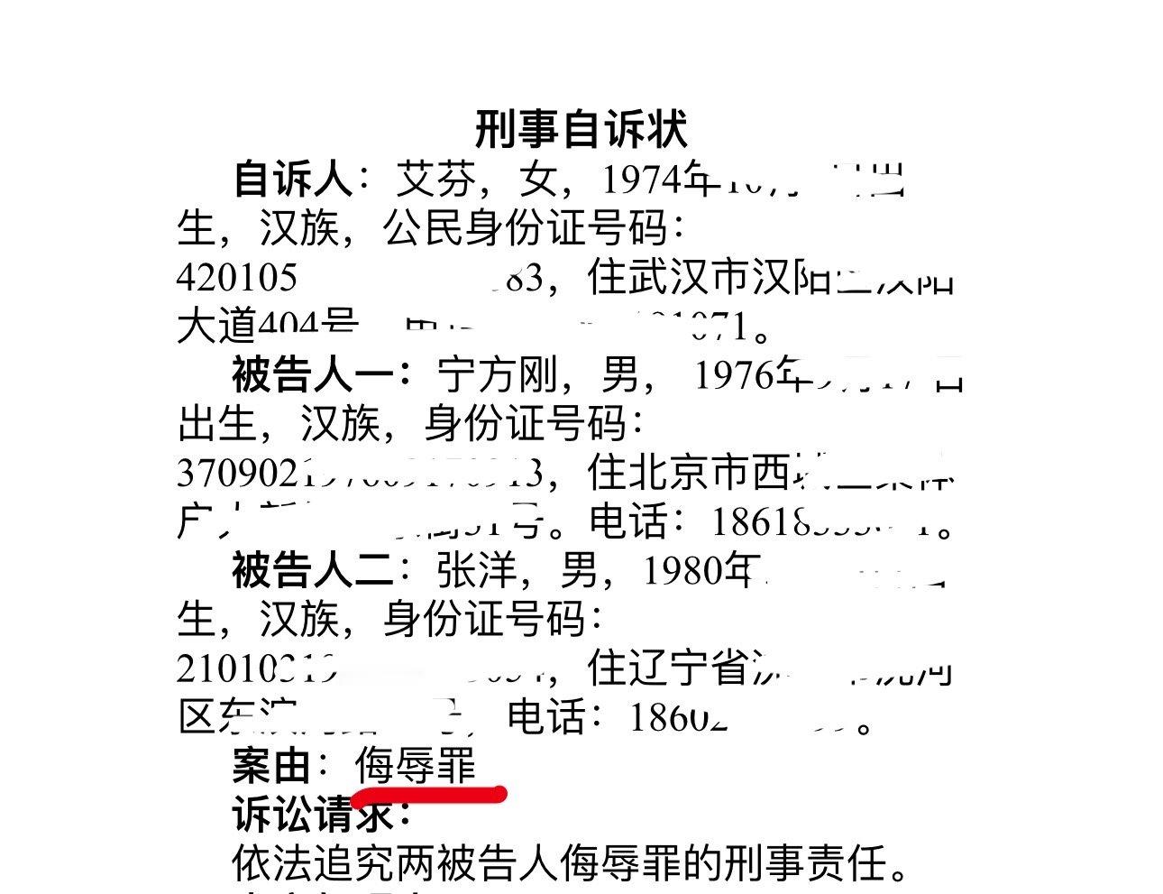 艾芬请求法院依法追究宁方刚和张洋“侮辱罪”和“诽谤罪”的刑事责任 