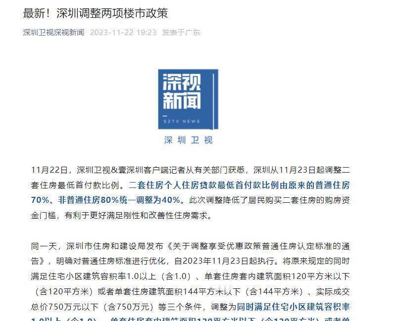 深圳楼市最新政策出炉，取消豪宅税、二套首付降至40%，二手买家利好！据最新消息，