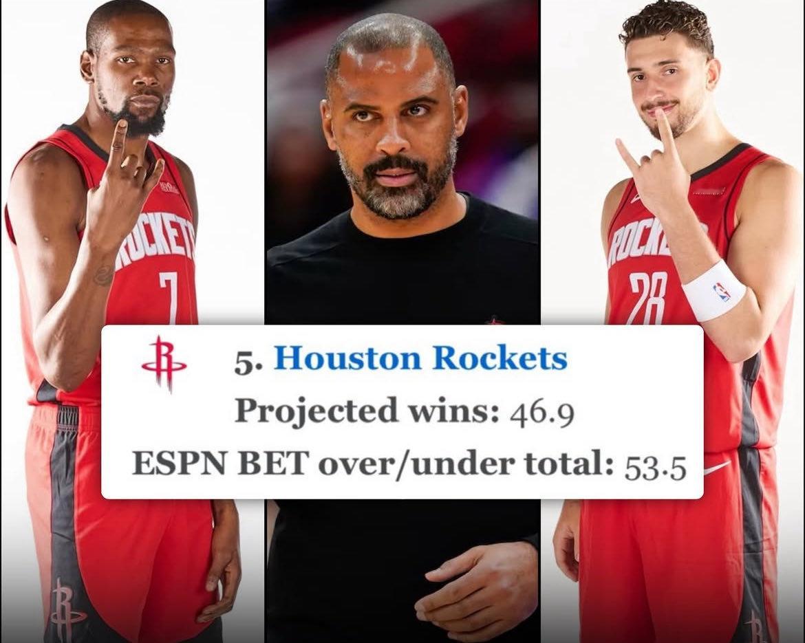 继续不被看好！ESPN预测新赛季火箭战绩为46.9胜，排行西部第五。休斯顿火箭休