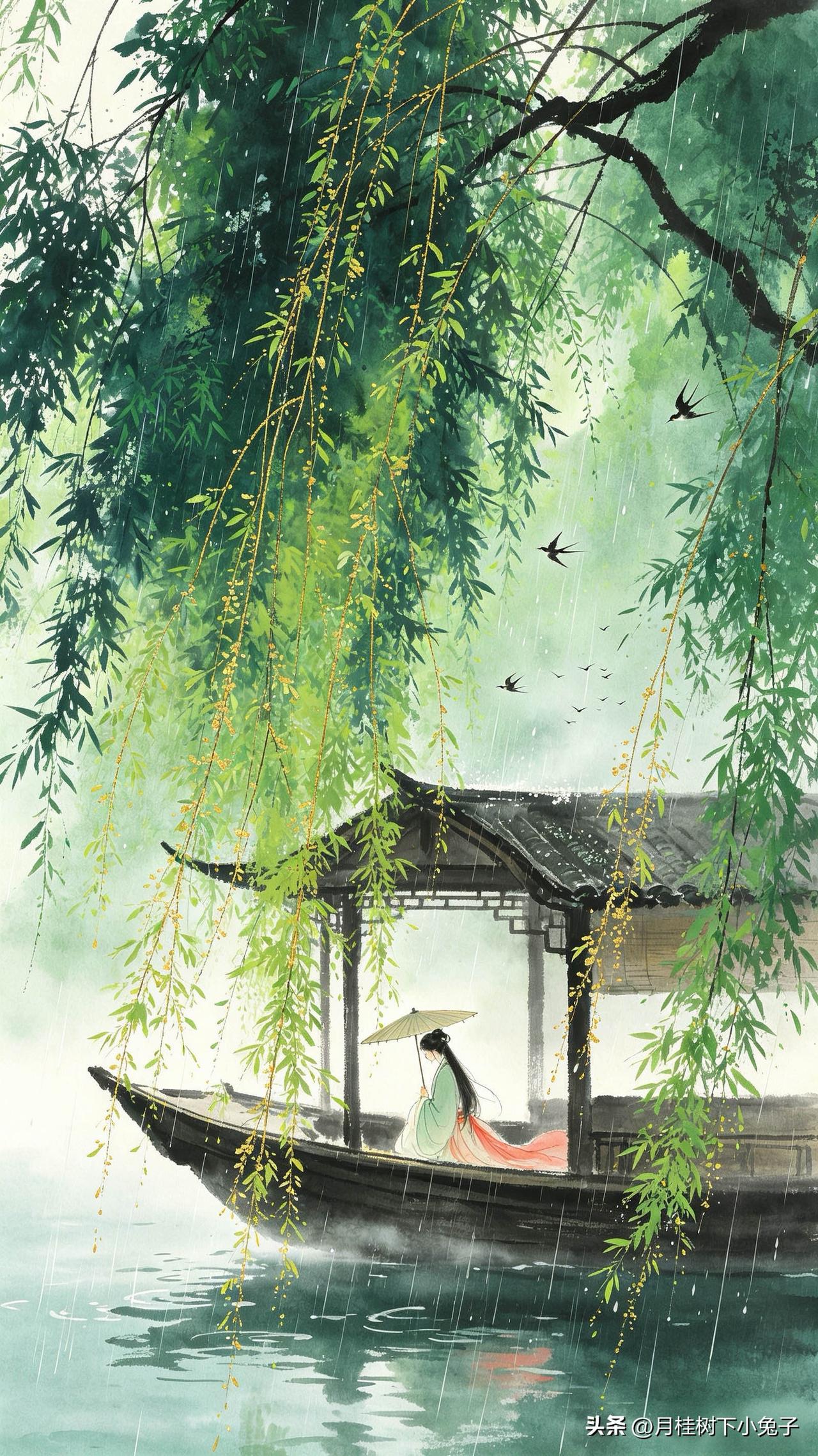 柳线垂金拂画船，
莺梭织锦雨如绵。
春心欲系千丝住，
      
…………请师