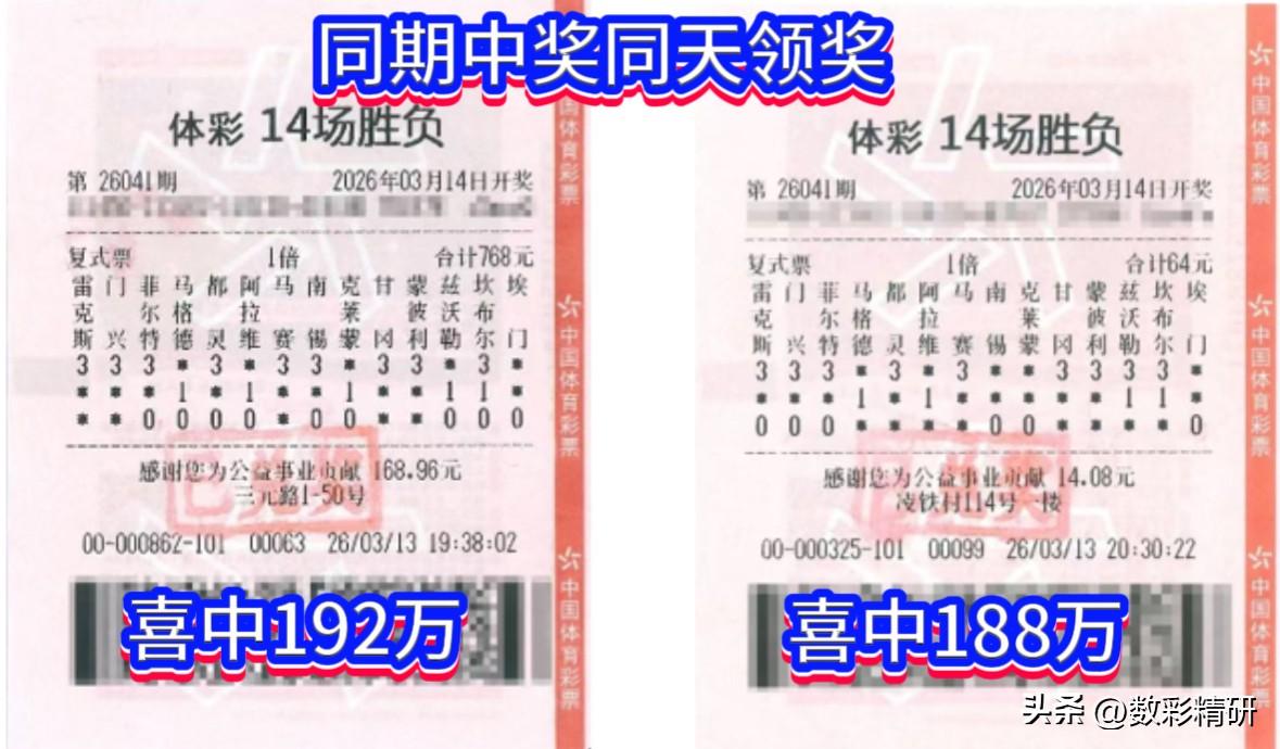 足彩第26041期14场胜平负赛事尘埃落定，当期共爆出26注一等奖，另有813注