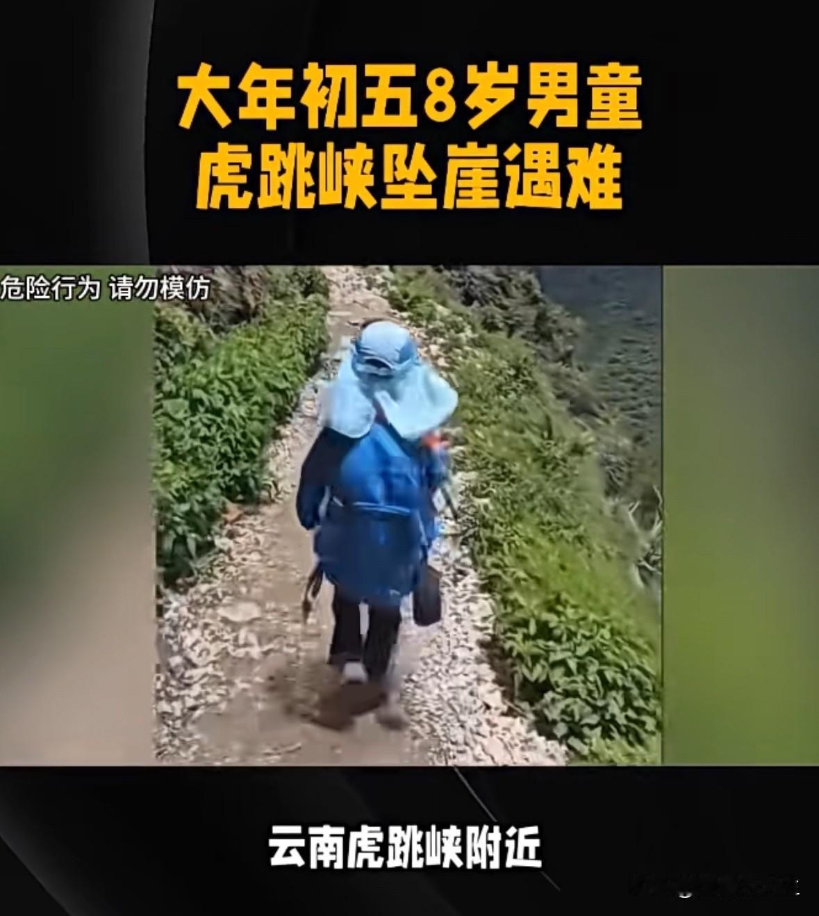 一个八岁小孩跟着父亲在虎跳峡徒步，结果不幸坠崖遇难。

这天下有很多父母啊，由着