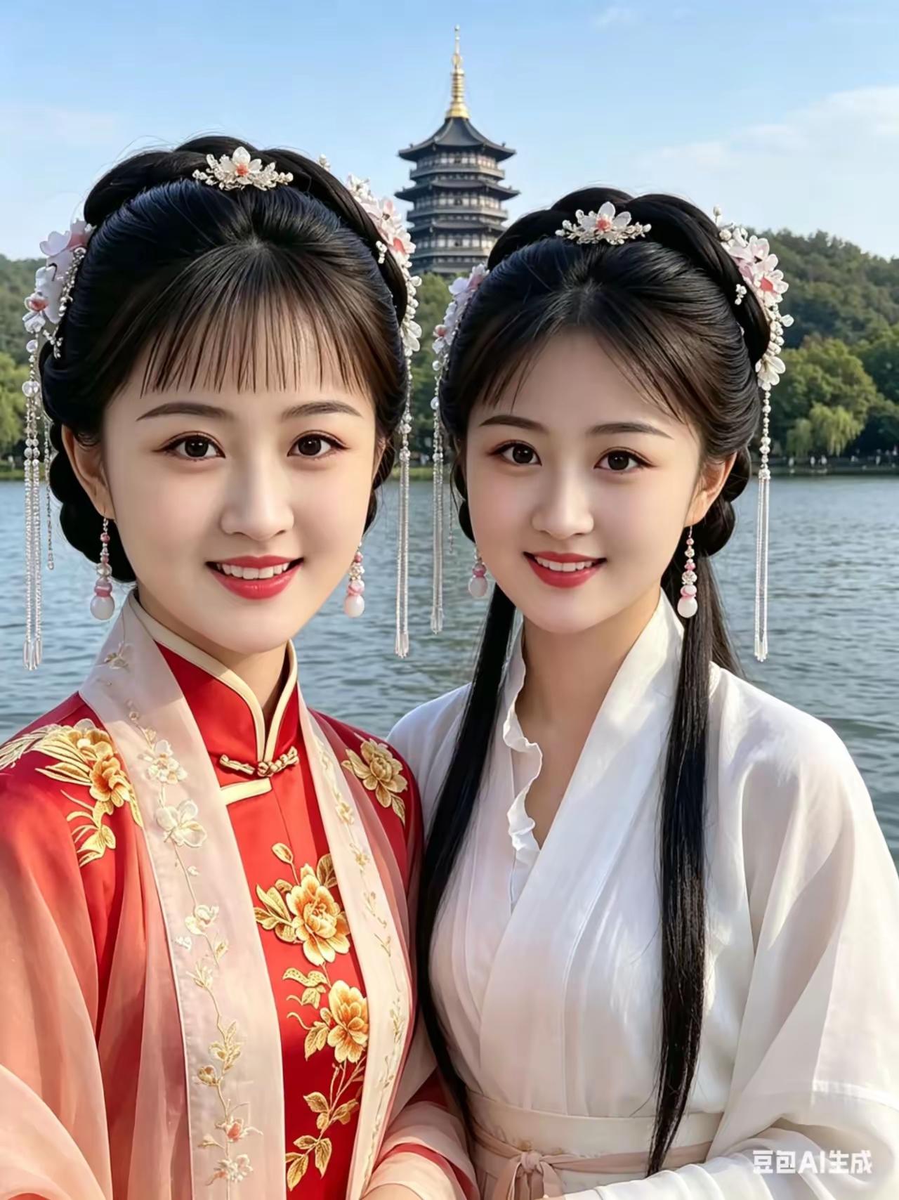 绝代佳人属，
结伴游西湖。
留念拍玉照，
精彩青春出。