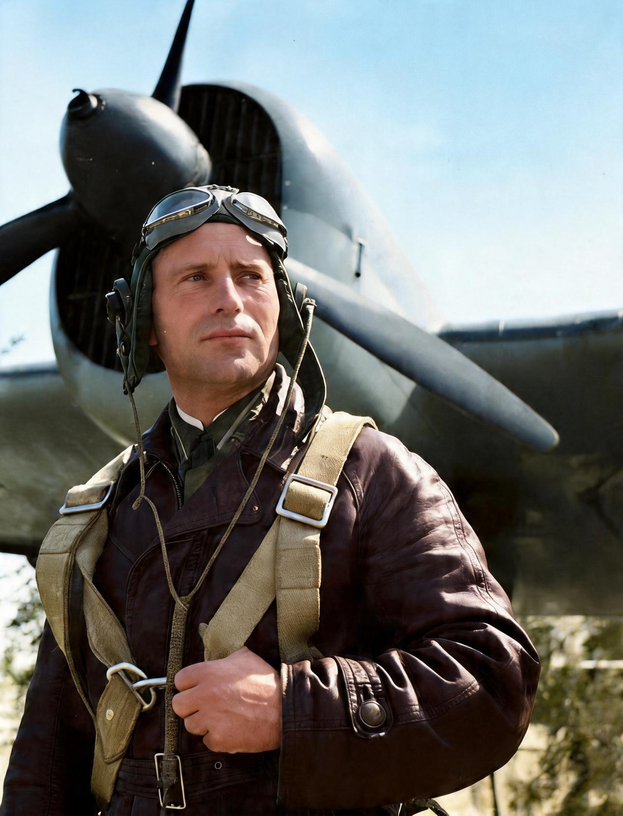 这名身穿飞行服的飞行员在抗战时作为援华志愿队飞行员来到中国。他曾投身于南京会战、