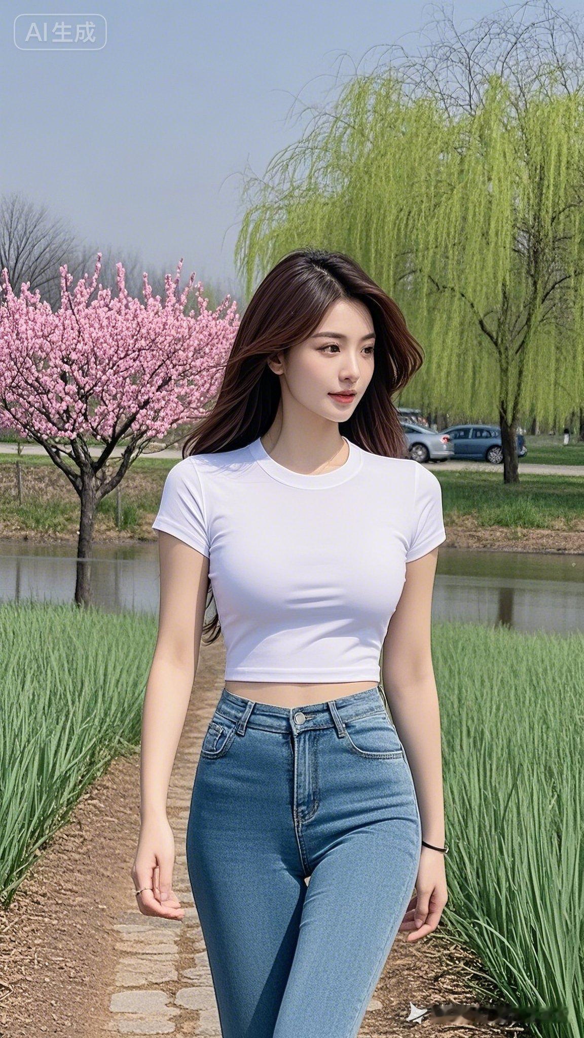 春日漫步，粉樱相伴，清新白T恤，牛仔裤，元气满满的一天！🌸💕
