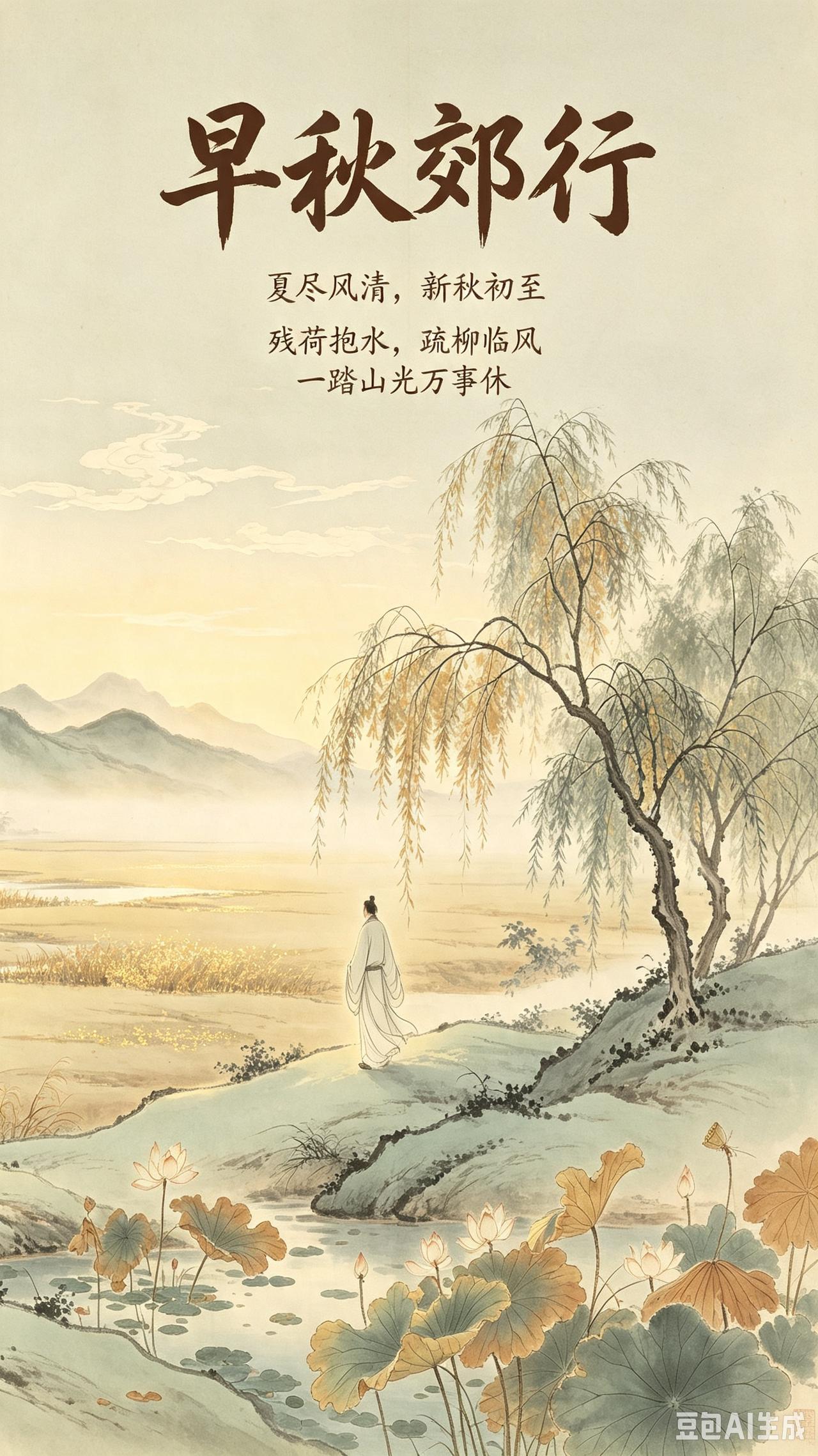 夏尽风清，新秋初至。出城闲行，看残荷疏柳，观云淡天悠，万物褪去盛夏燥热，添得一身