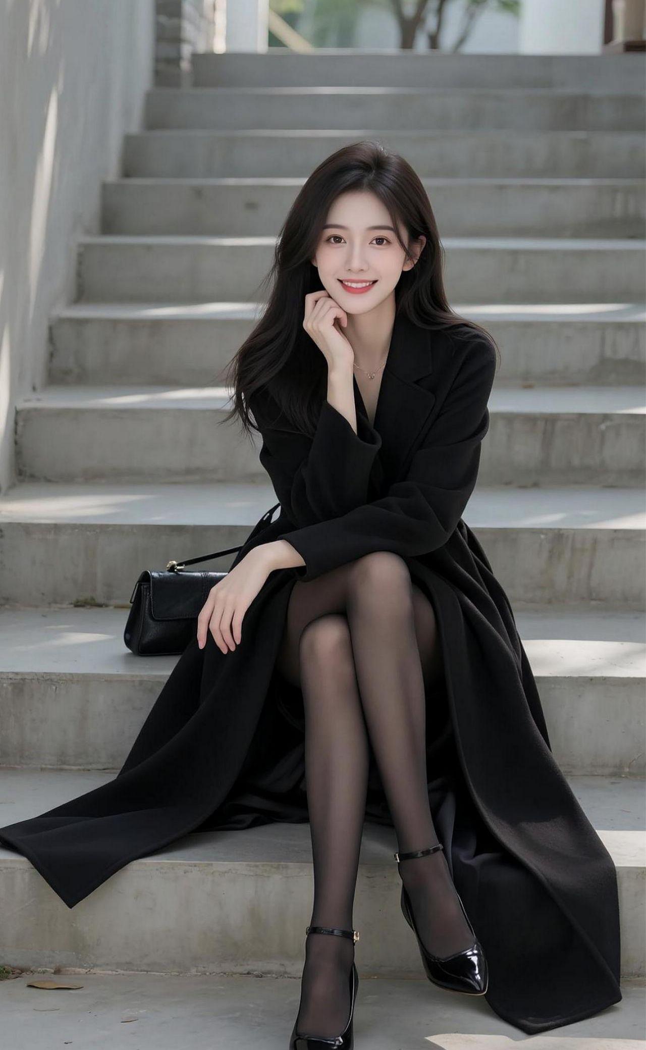 优雅黑衣女子，静坐台阶，微笑如画定格瞬间美景摄影