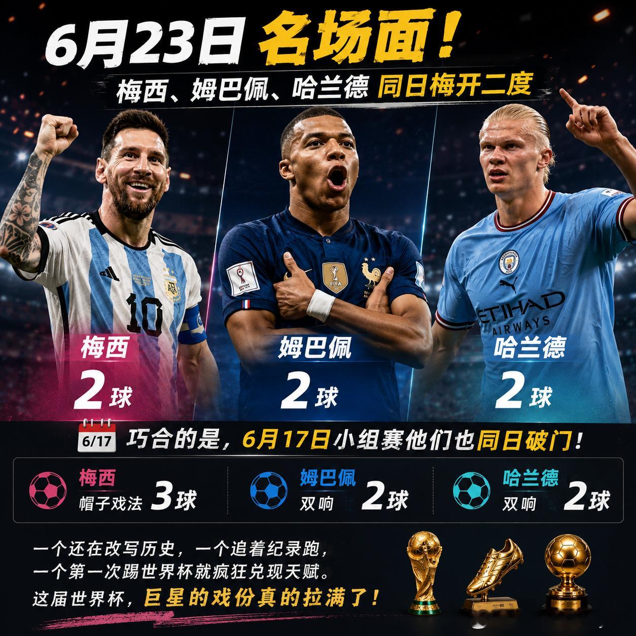 三巨星同日再上演梅开二度6月23日，梅西、姆巴佩、哈兰德又在同一天集体进球，而且