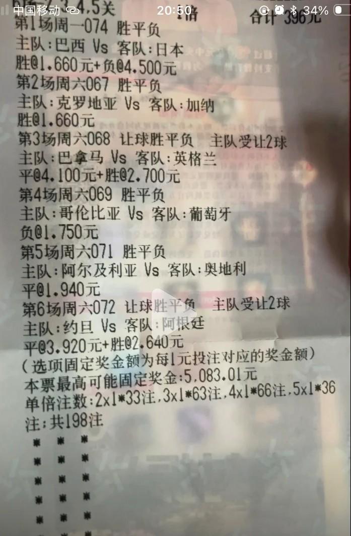 这张彩票，比较难评？
小组赛五场+一场淘汰赛，目前五场比完了，好像是中了四关，据