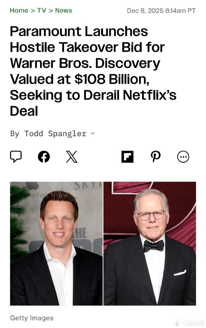 派拉蒙预计斥资1084亿美元收购华纳派拉蒙与网飞争夺华纳 据外媒，在上周网飞官宣