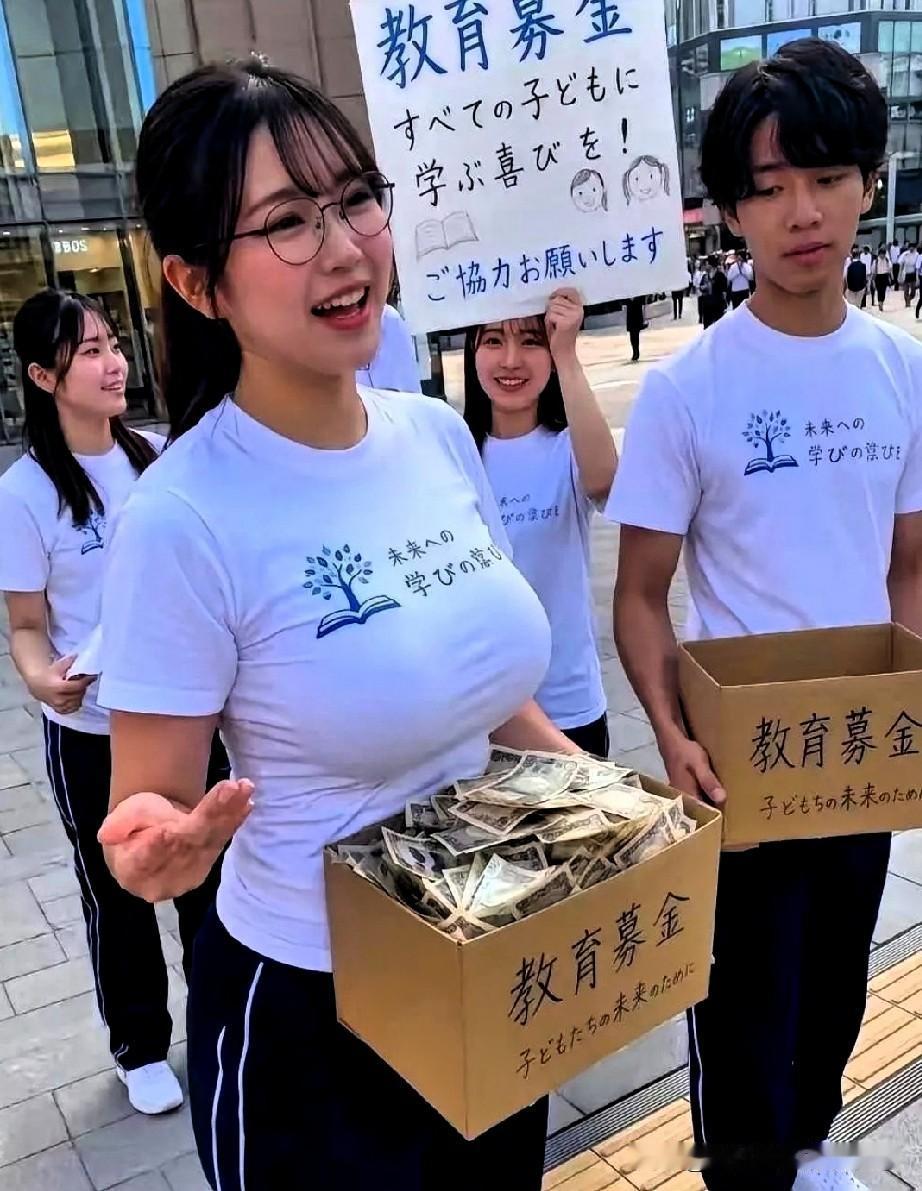 日本那所学校的募捐现场，两个学生并排站着。女孩面前的箱子被塞得冒尖，钞票一张接一