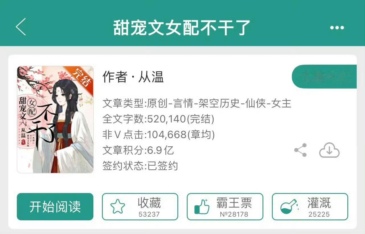 小说推荐：《甜宠文女配不干了》 作者:从温简评：洒脱果断女战神vs冷漠宠妻少年道
