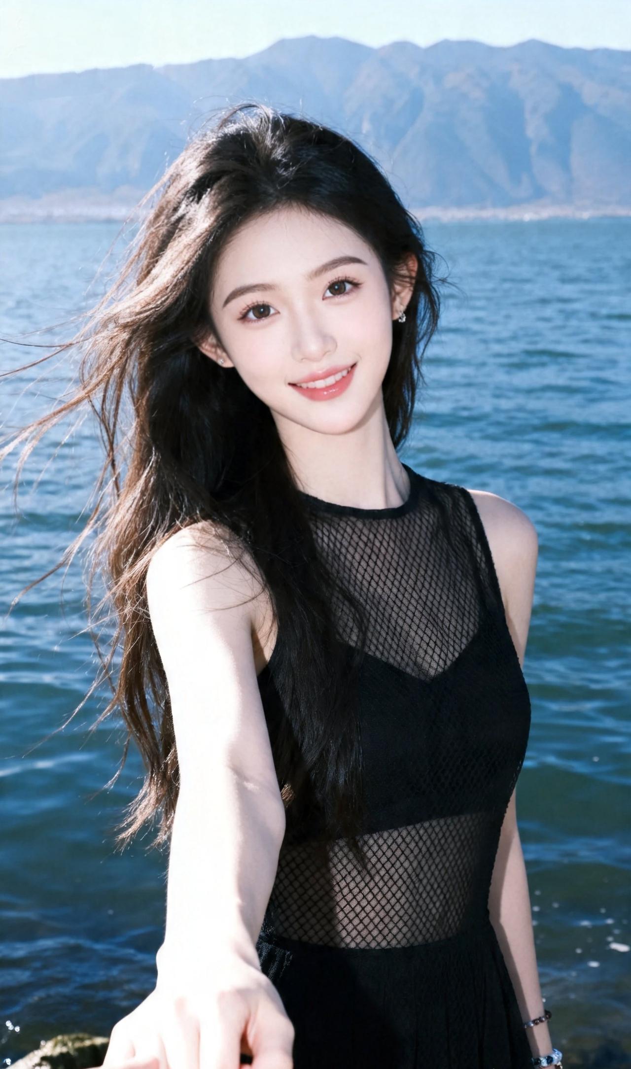 海边少女，微笑面对阳光，黑裙飘逸，海风轻拂。普通女生如何成为氛围感美女 治愈系美