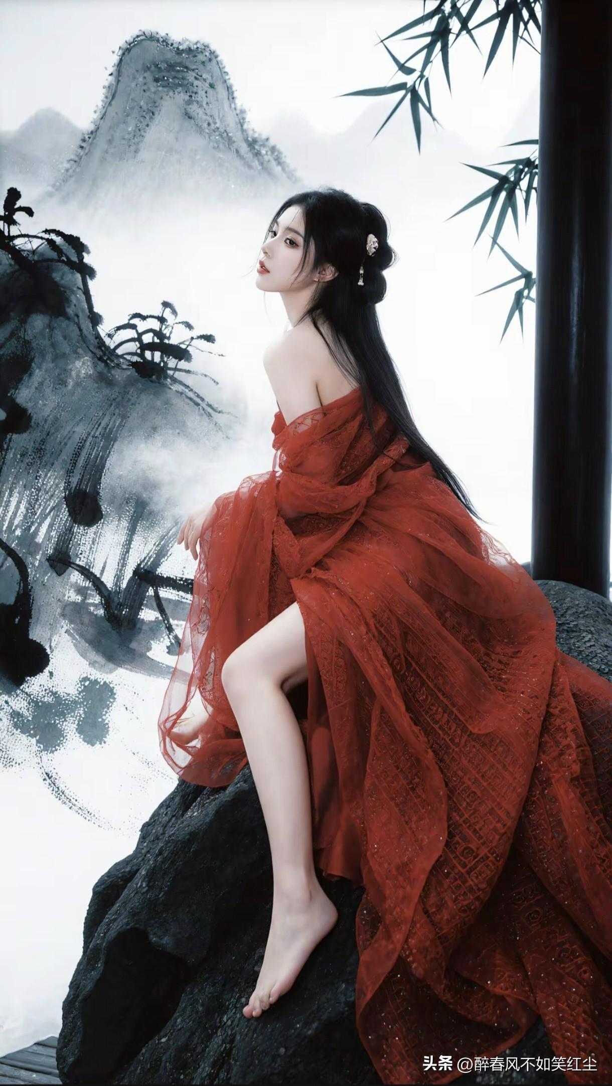 红衣美人倚山立，竹影婆娑映画屏。古典红裙少女 竹韵美女