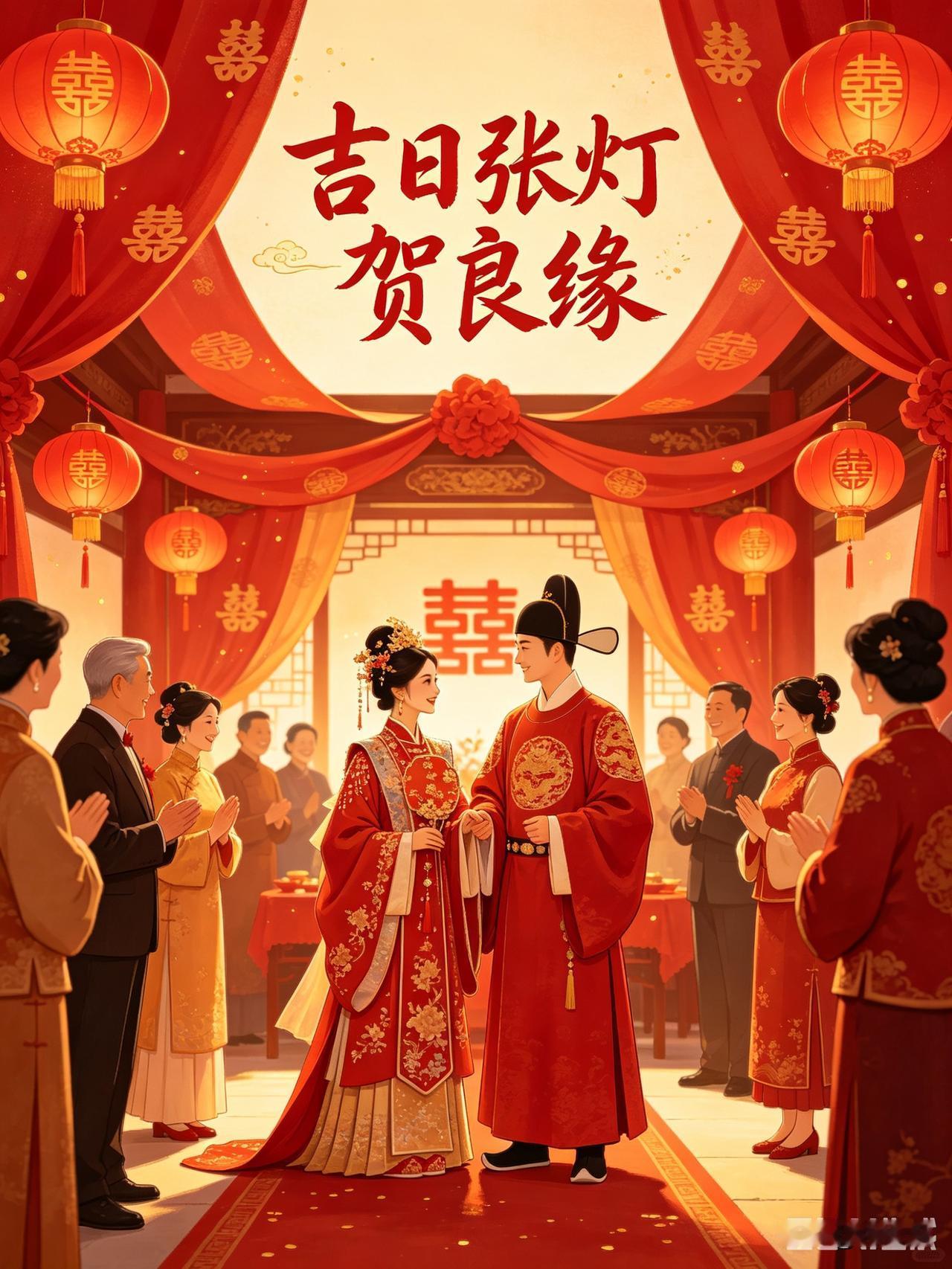 上联:良辰结彩迎新侣
下联:吉日张灯贺良缘