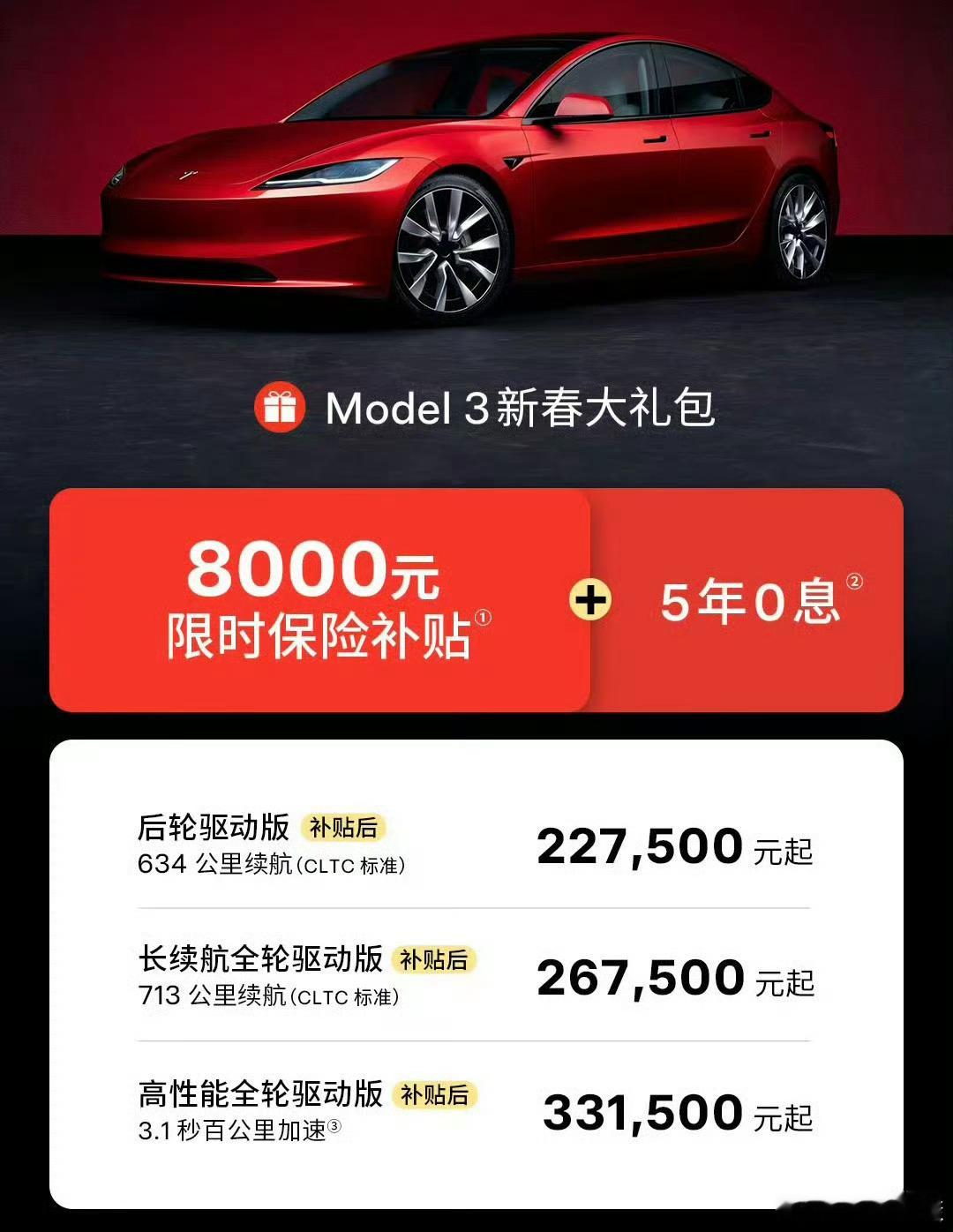 特斯拉Model3降价8000元 8000元限时保险补贴+5年0息政策，22.7