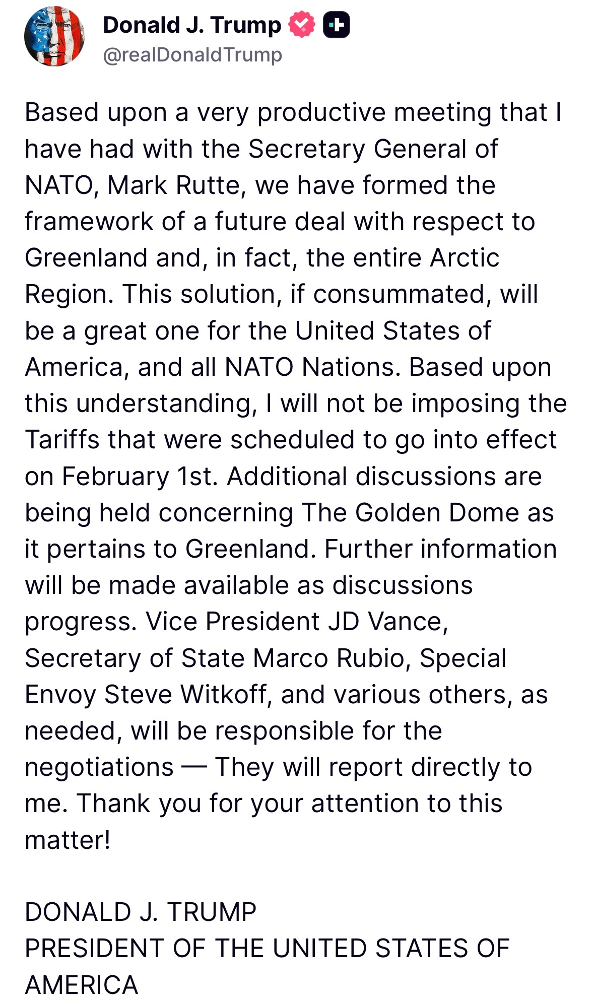 昨夜今晨，美国总统特朗普在社媒发文，通报关于格陵兰岛的最新进展，称已就格陵兰岛以