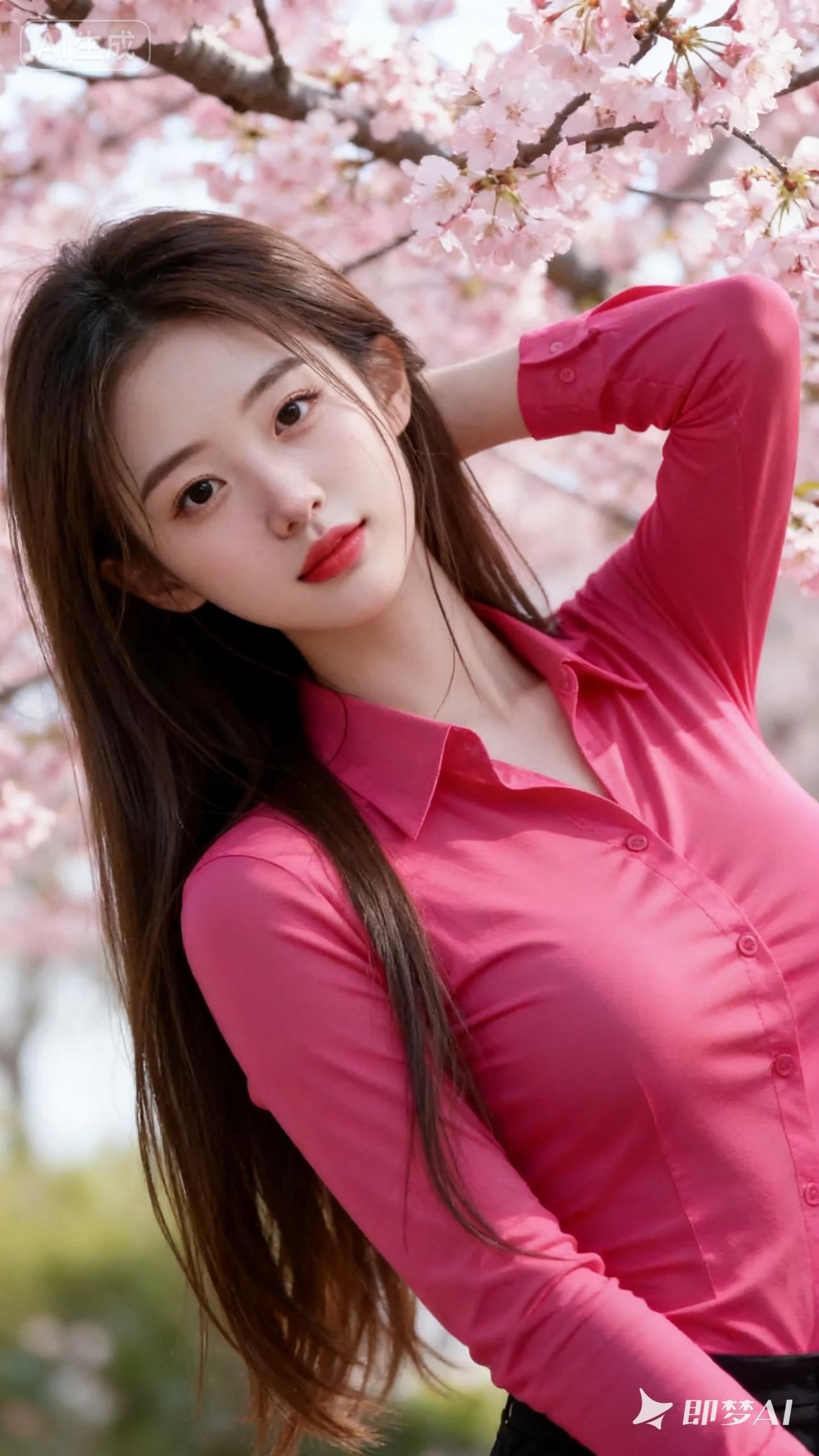 樱花树下，粉衣少女，春日里的甜美时光。🌸💕