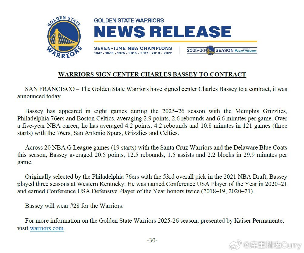 科尔谈勇士签下查尔斯·贝西：“他运动能力很强，弹跳力也很好，打球很拼。我们预计会