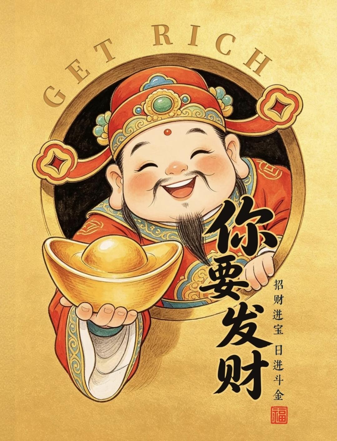 财神爷笑眯眯递来金元宝，祝你日进斗金，富贵盈门！传统文化 传递正能量 绘画 祝福