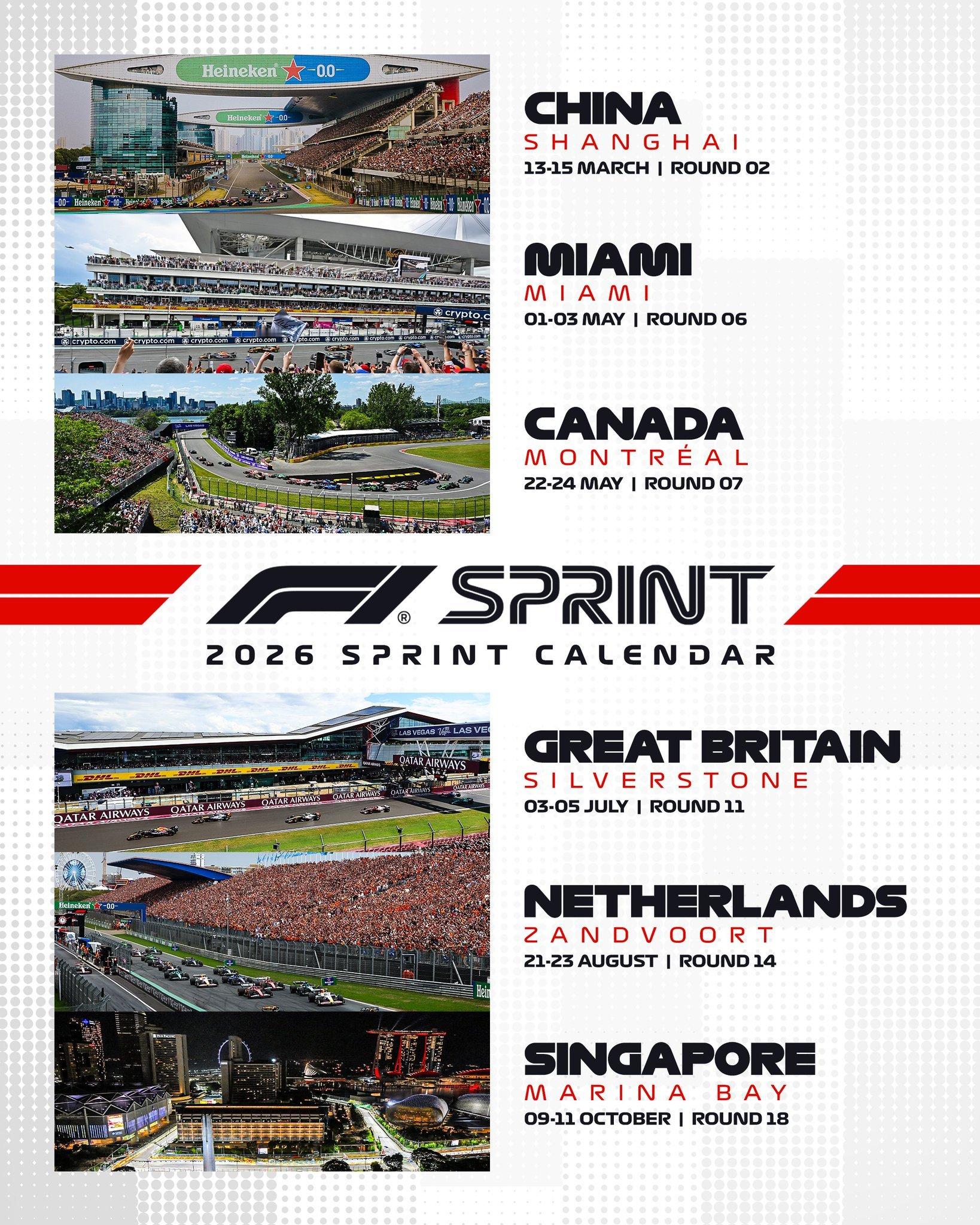 F1公布2026年冲刺赛场次中国，迈阿密，加拿大，英国，荷兰和新加坡f12025