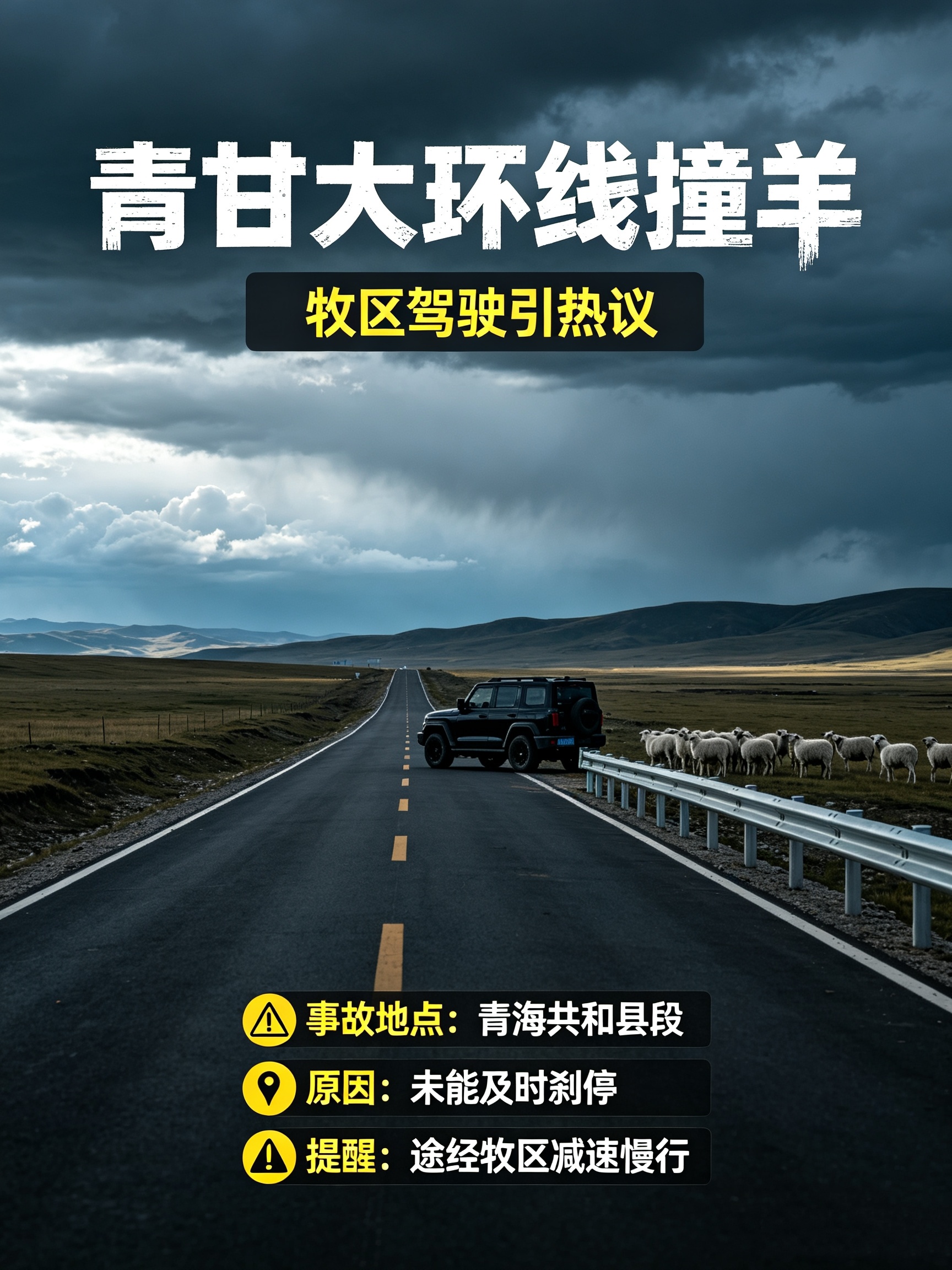 青甘大环线撞羊 8月31日，青甘大环线青海共和县路段发生一起交通事故。一辆黑色越