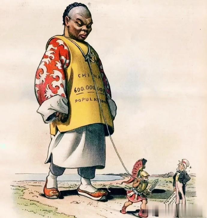 1901年，美国发表的一张漫画，其中的扎着辫子的巨人代表着在满清统治下的中国，两