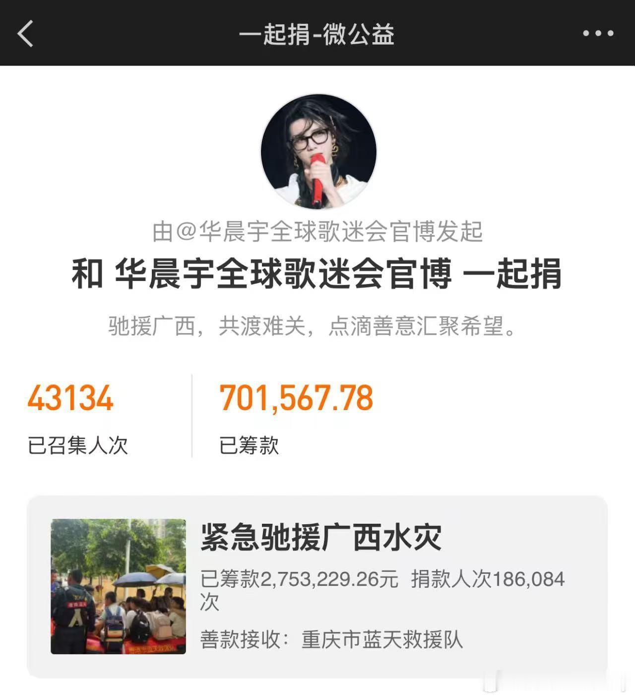 华晨宇粉丝向洪涝灾区发起捐款，专项援助前线救援队，半天号召捐献70w+，超过4.
