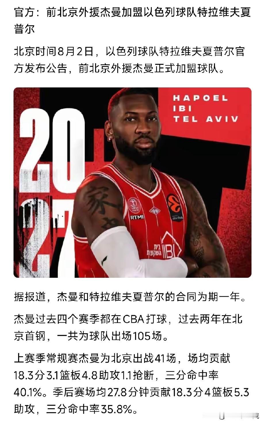 确定了！北京队外援杰曼加盟以色列联赛，合同为一年期。

这样CBA又少了一个出色