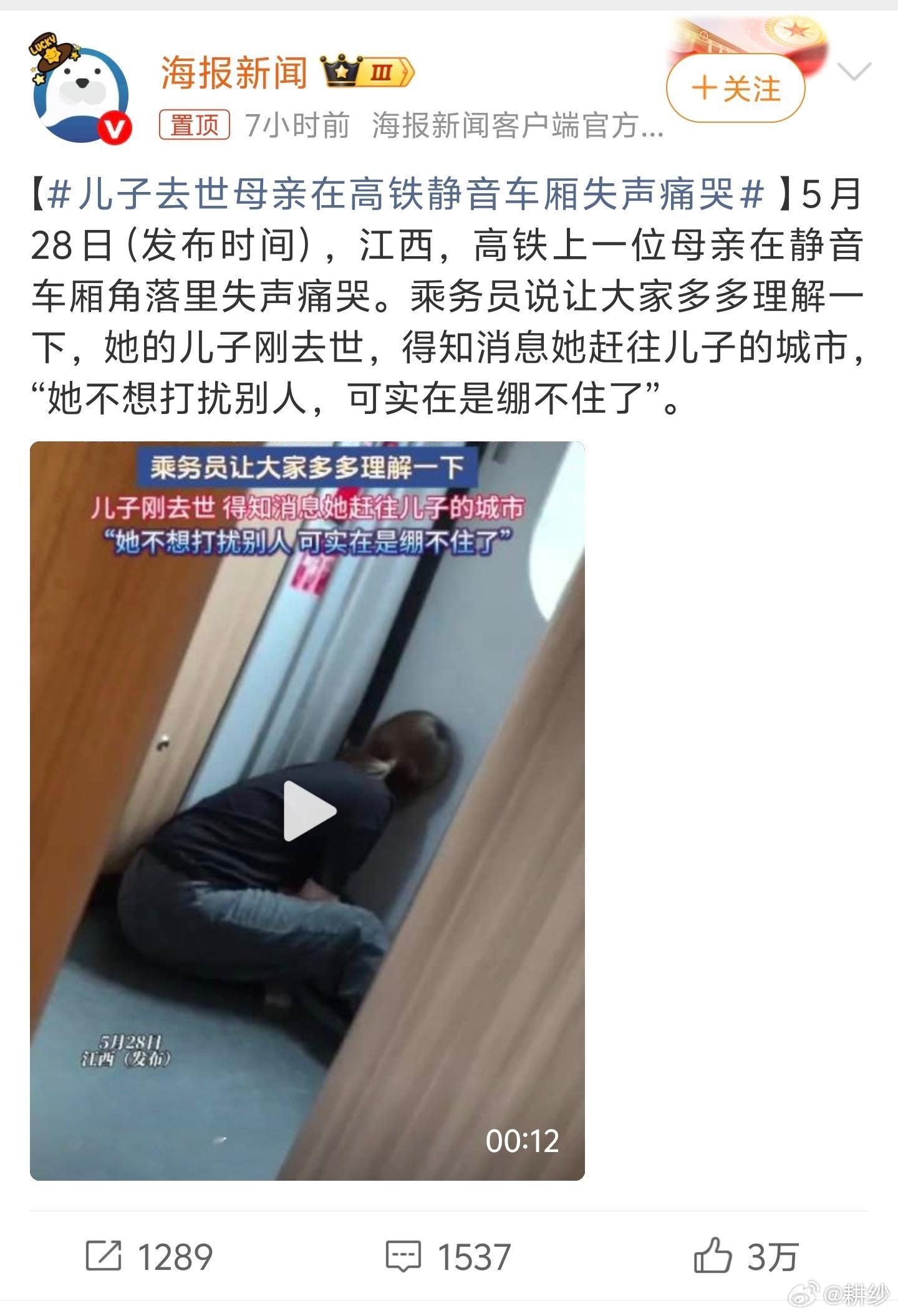 儿子去世母亲在高铁静音车厢失声痛哭海报新闻，你是觉得这可能是个争议话题，会分成正